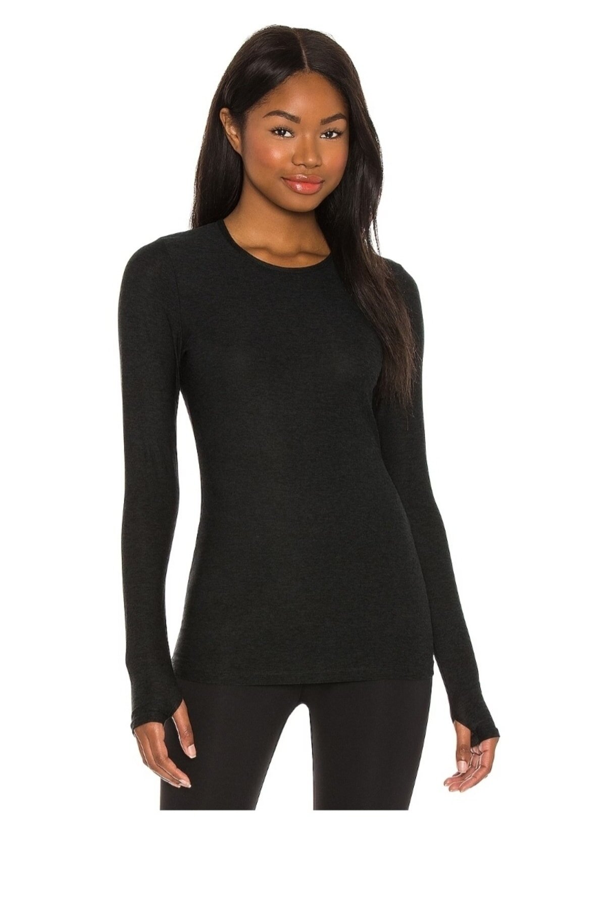 بلوزة غير شفافة أسود جيرسيه حريري بفتحات للأصابع - Zagrep