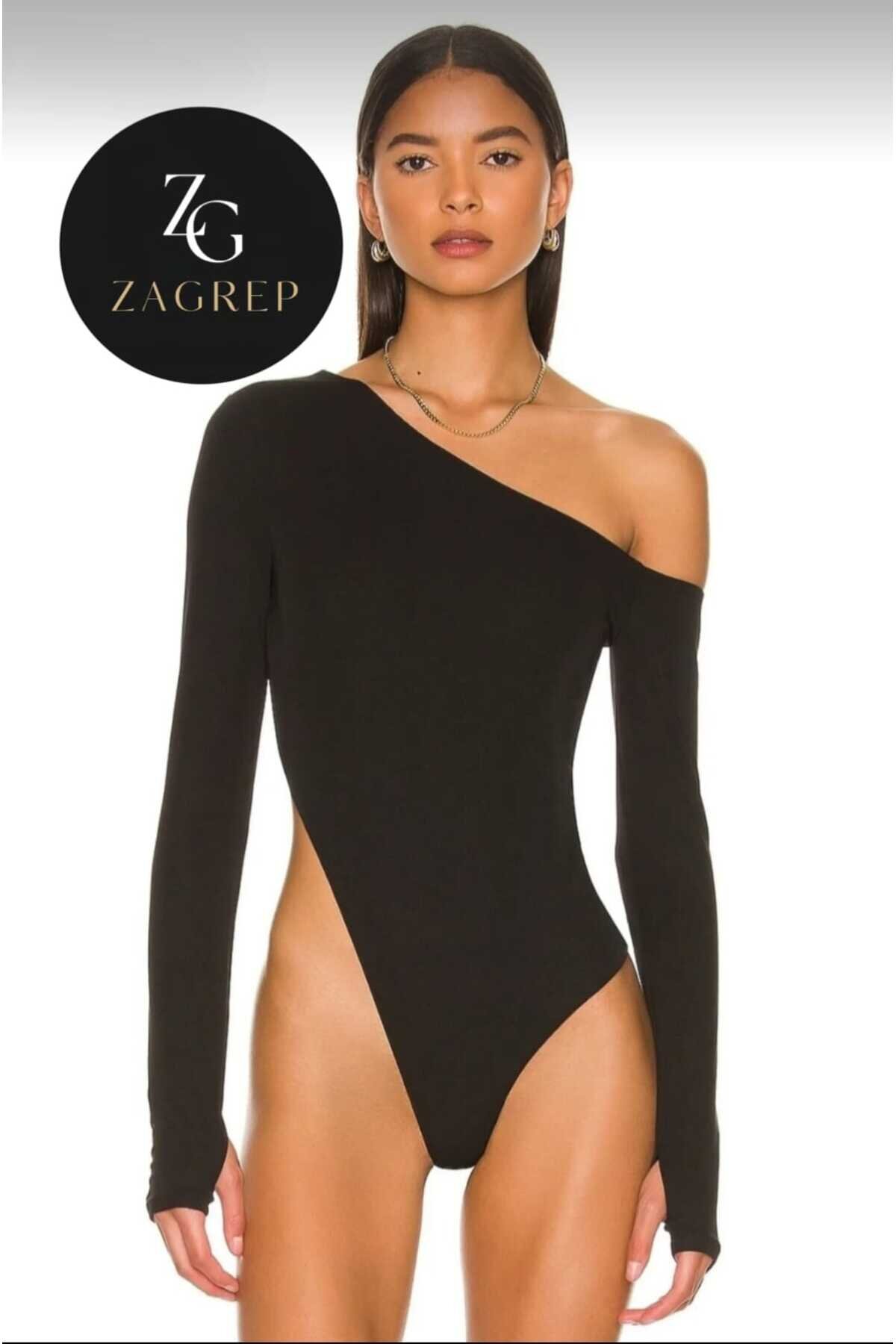 Siyah İç Göstermez İpek Jarse Parmak Geçmeli Omuz Detaylı Body - Zagrep