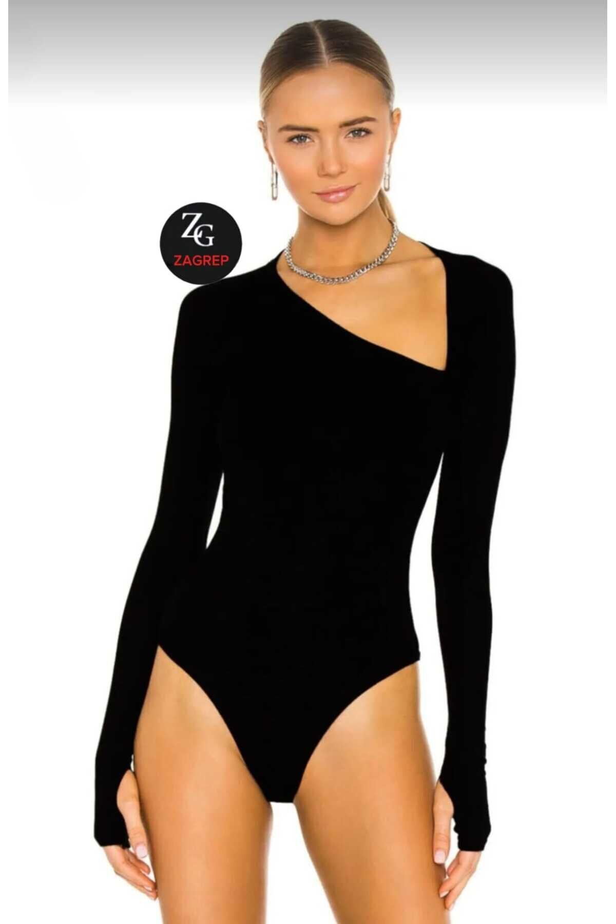 Non-Sheer Thumbhole Front-Detail Bodysuit - Black - Zagrep