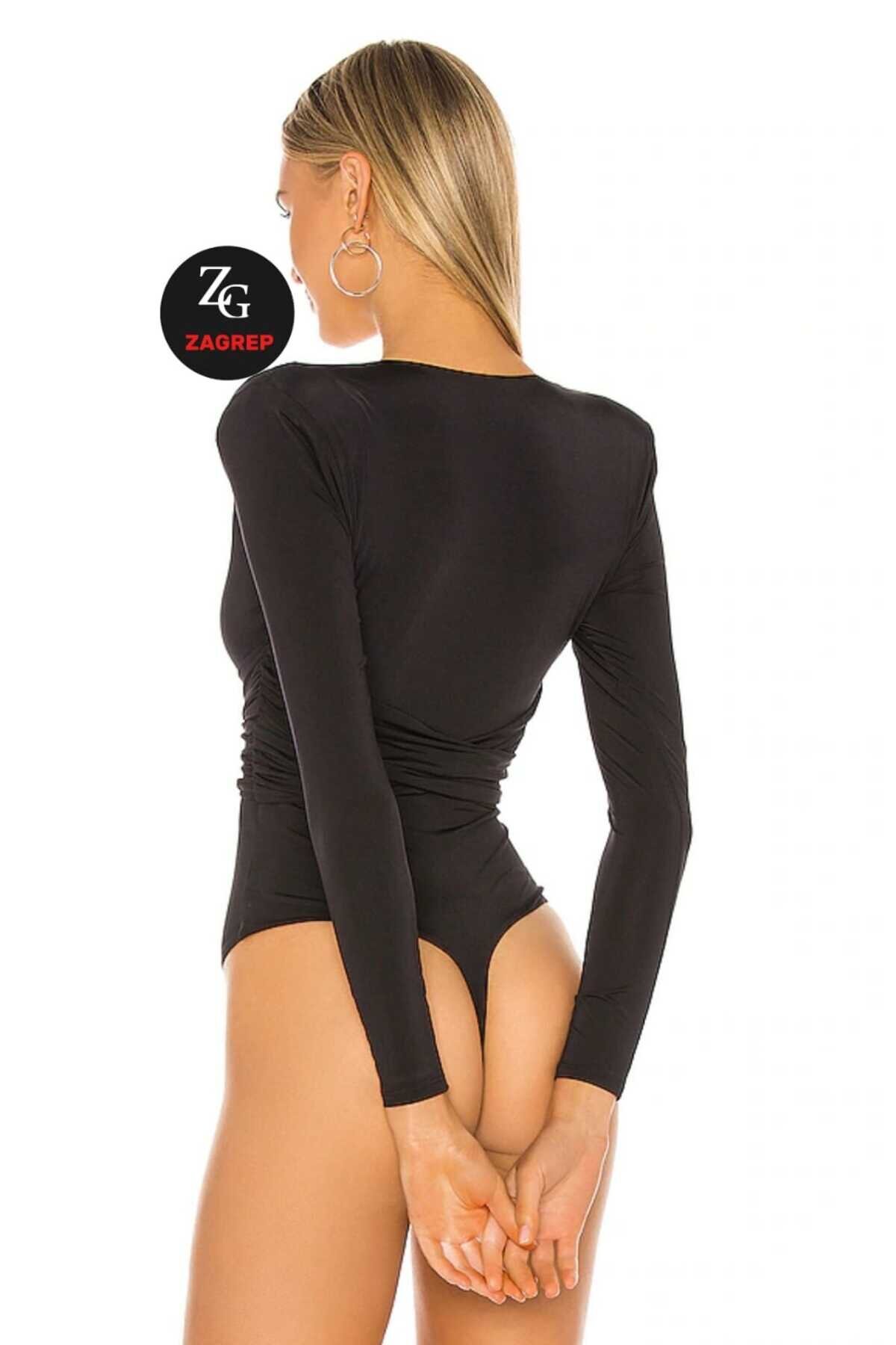 Deep V Padded Shoulder Silk Jersey Ruched Body - Black - Zagrep