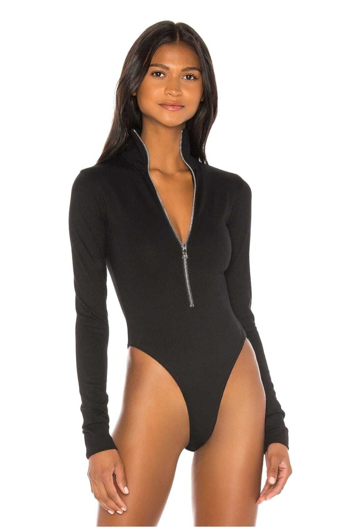 Siyah İpek Jarse Metal Fermuarlı Bodysuit - Zagrep