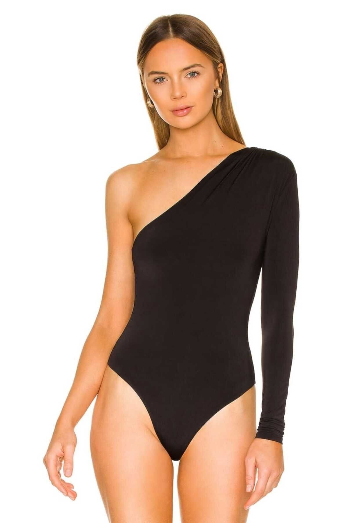Siyah İpek Jarse Sol Omuzlu Büzgülü Bodysuit - Zagrep