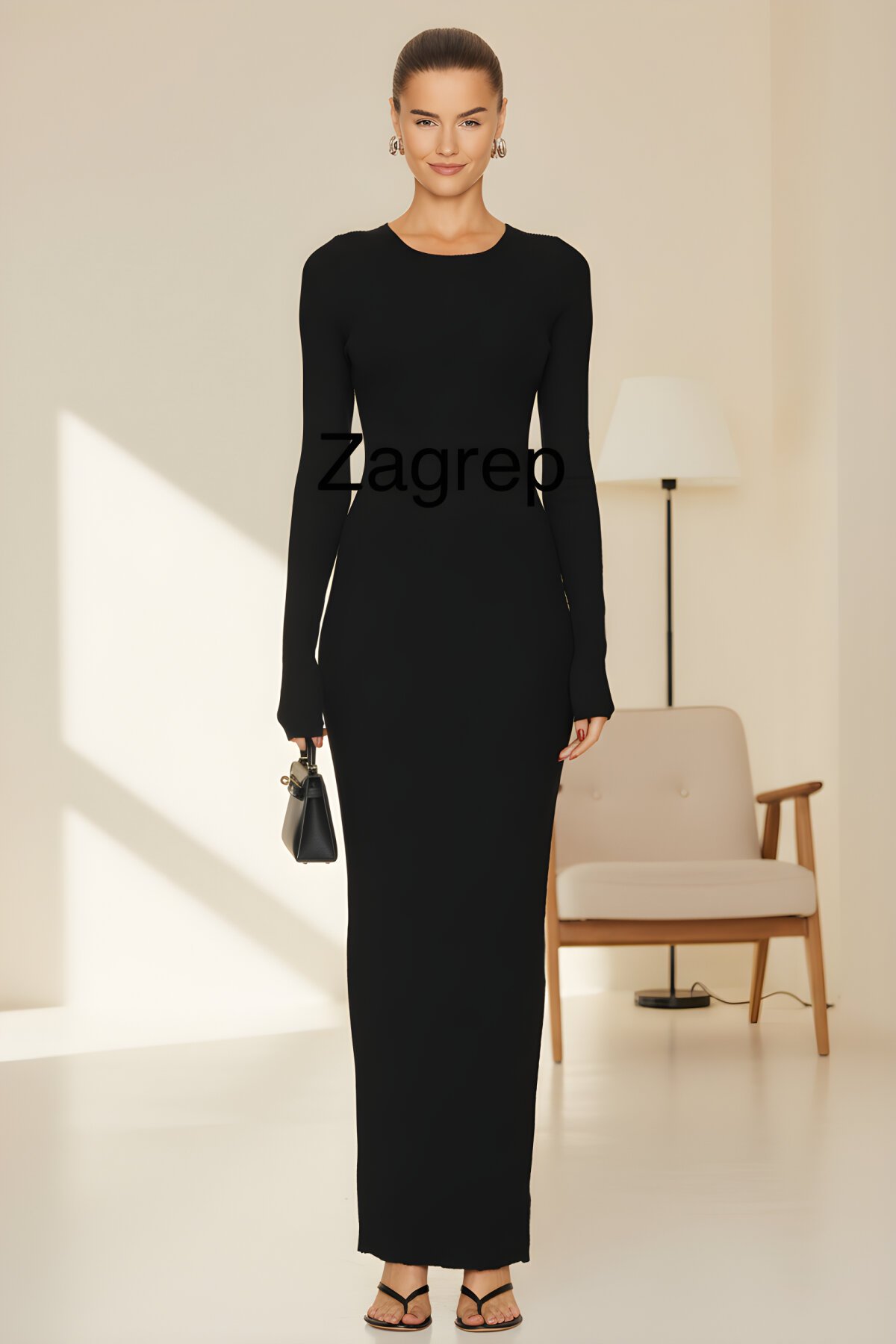 Long Sleeve Silk Jersey Lined Crew Neck Zippered Dress - Black - Zagrep