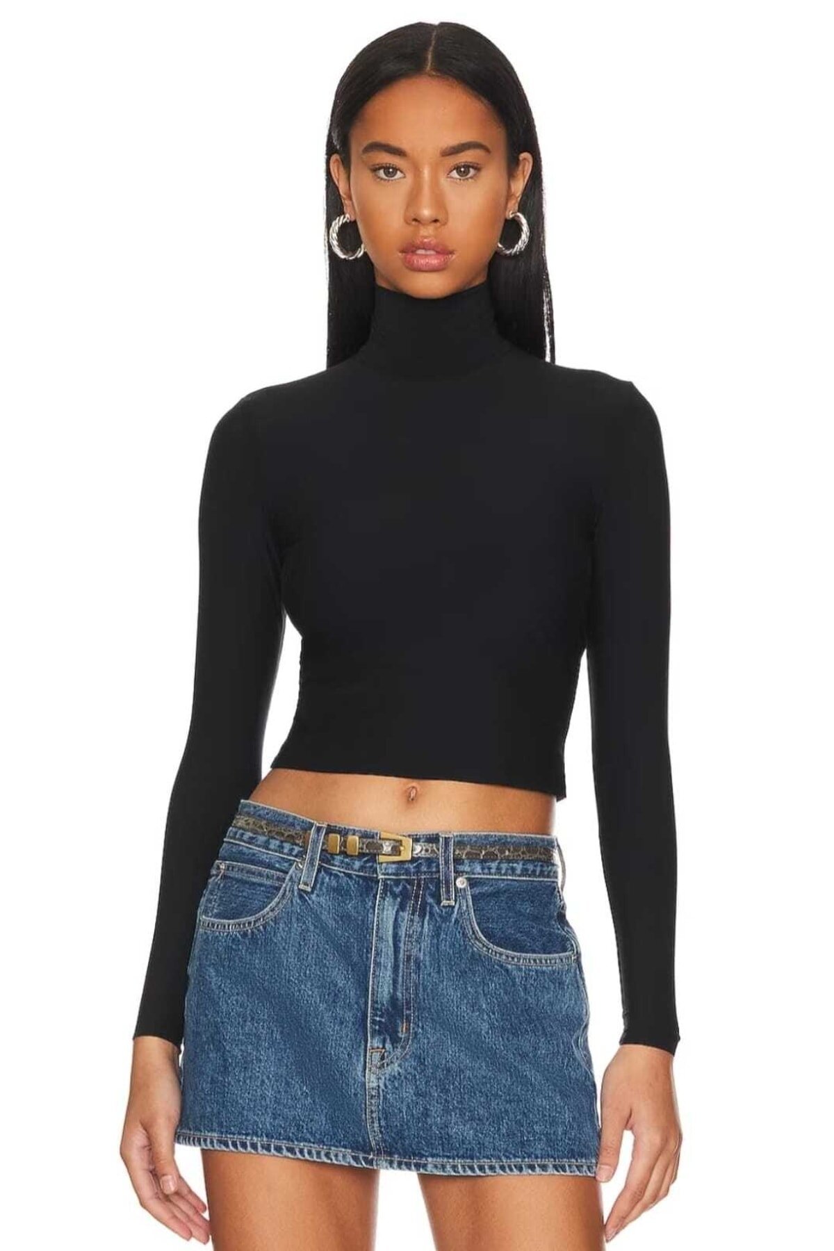 بودي أسود قصير بأكمام طويلة بياقة شبه عالية من حرير الجيرسي - Zagrep