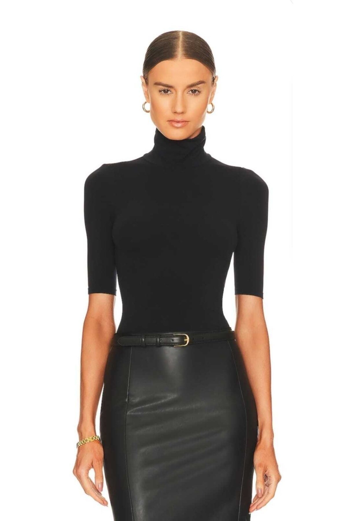 Short Sleeve Silk Jersey Turtleneck Bodysuit - Black - Zagrep