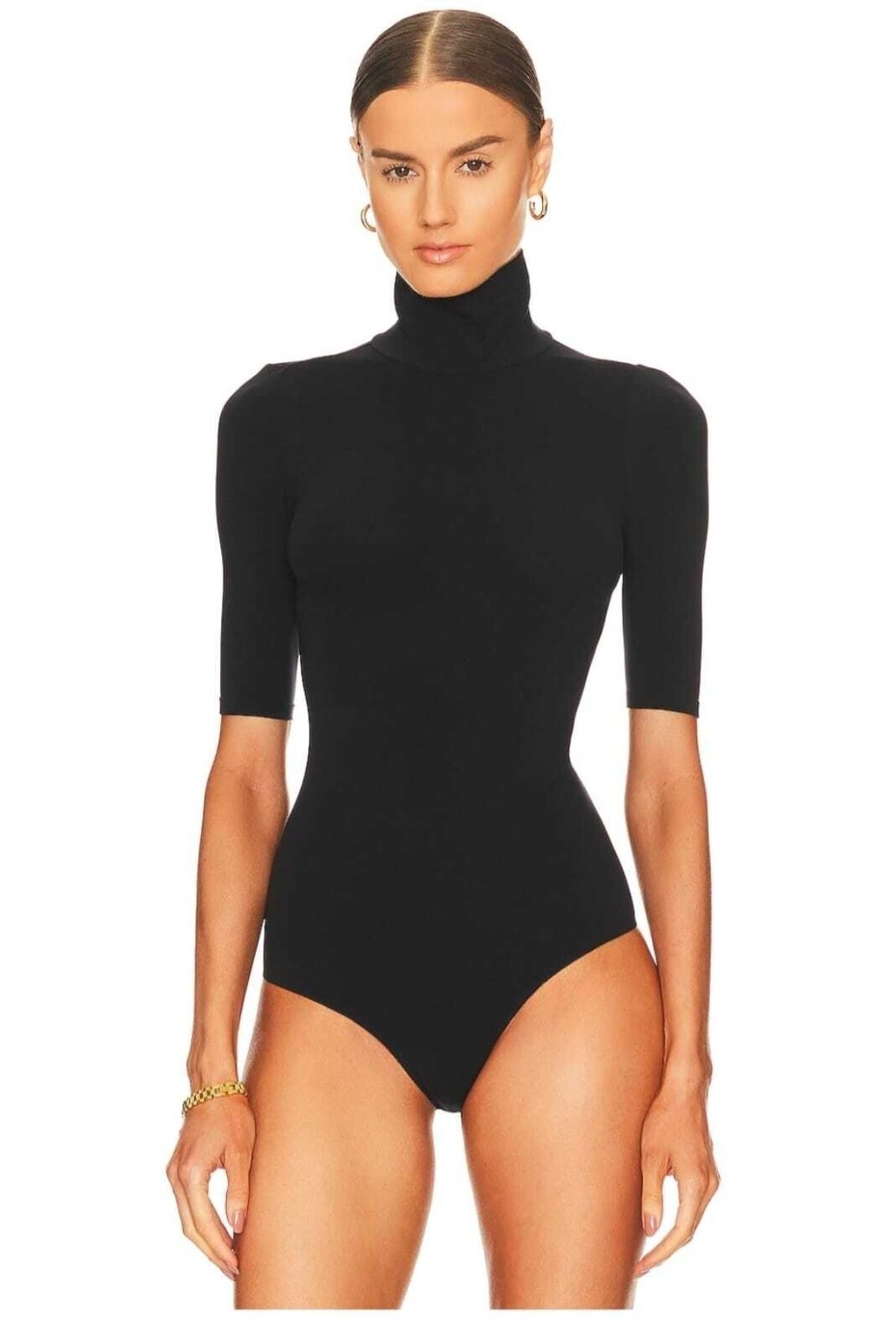 Siyah Kısa Kol İpek Jarse Balıkçı Yaka Body - Zagrep