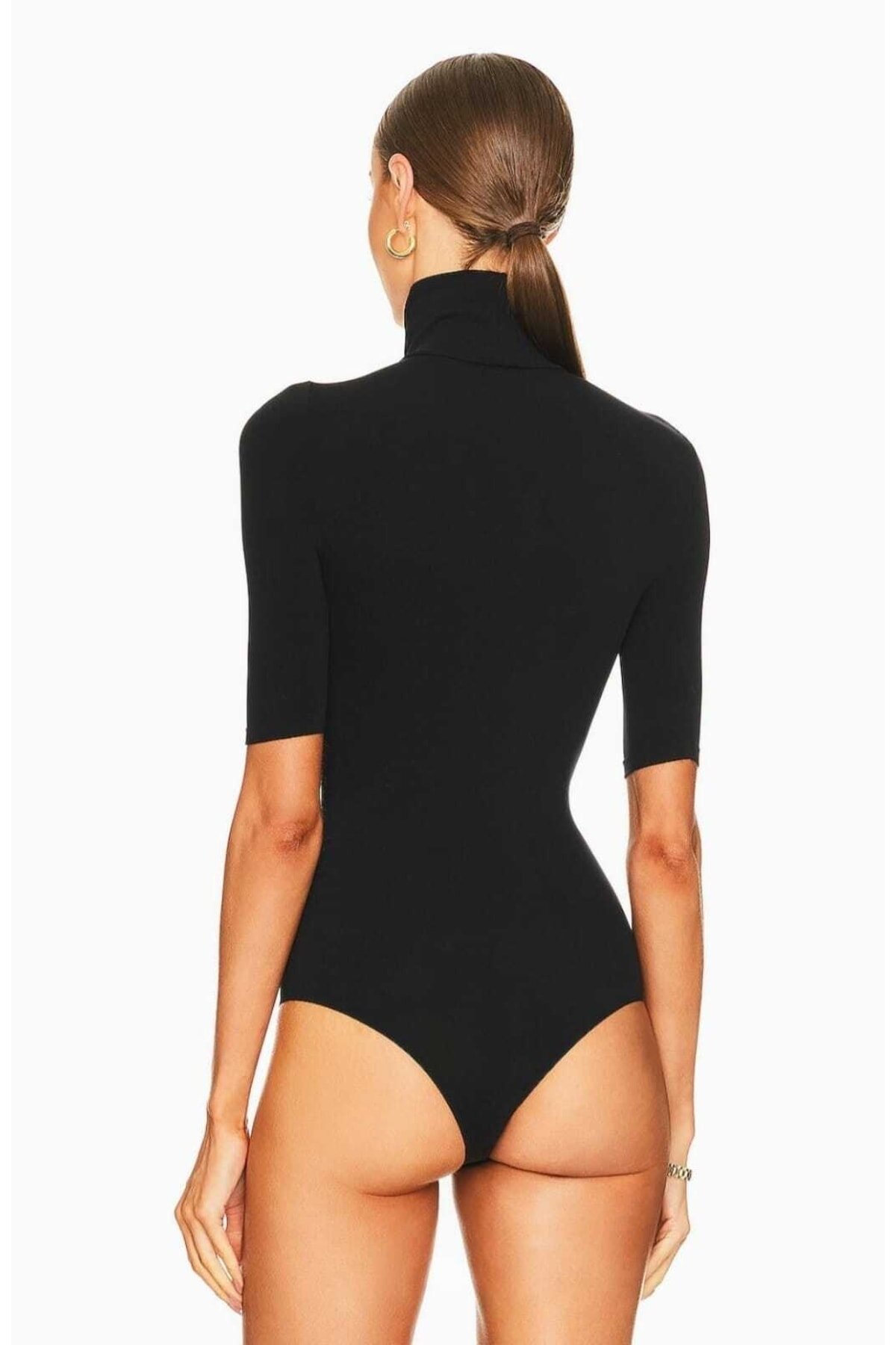 Short Sleeve Silk Jersey Turtleneck Bodysuit - Black - Zagrep