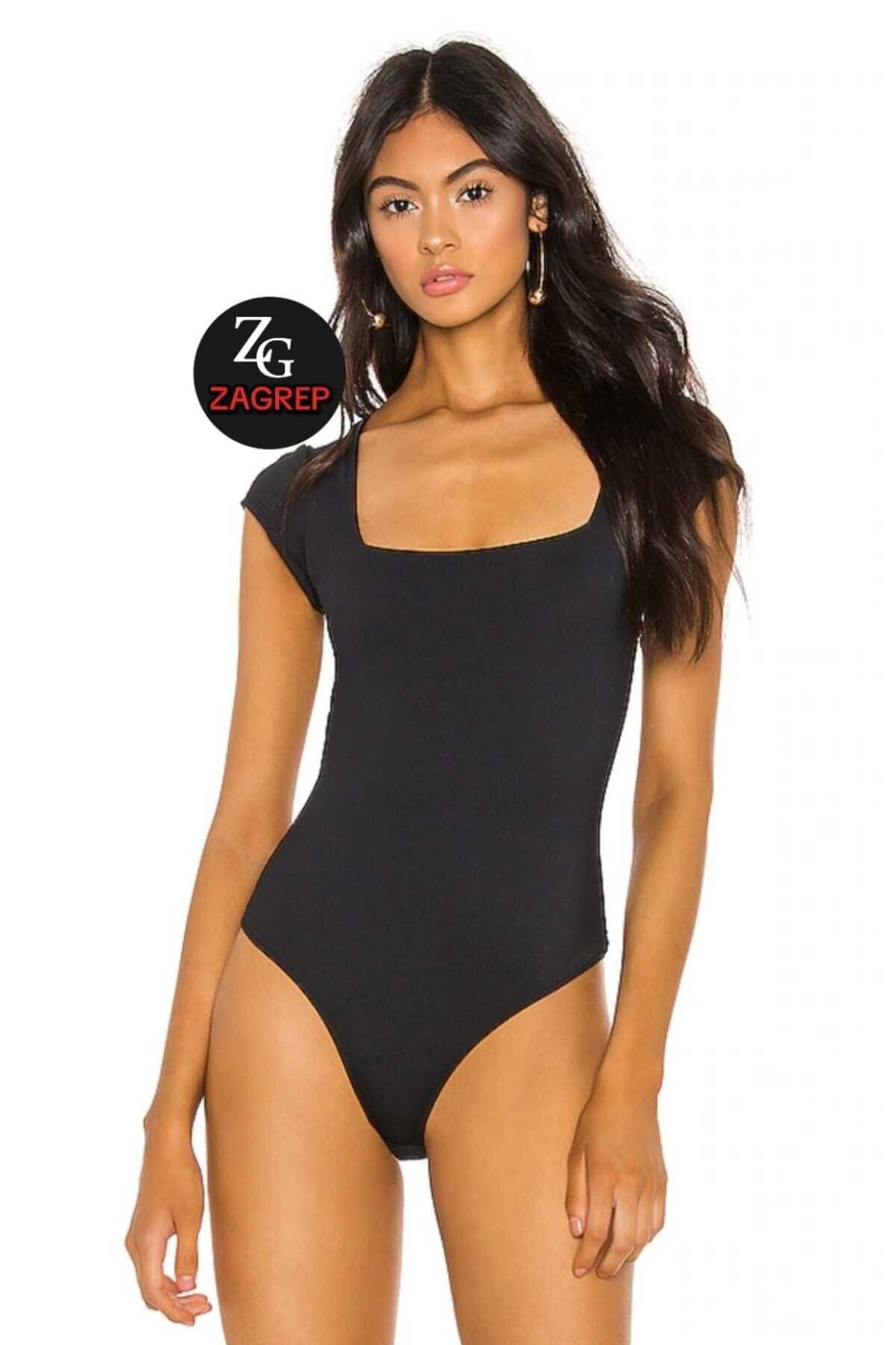 Siyah Kısa Kol Kare Yaka İpek Jarse Body - Zagrep