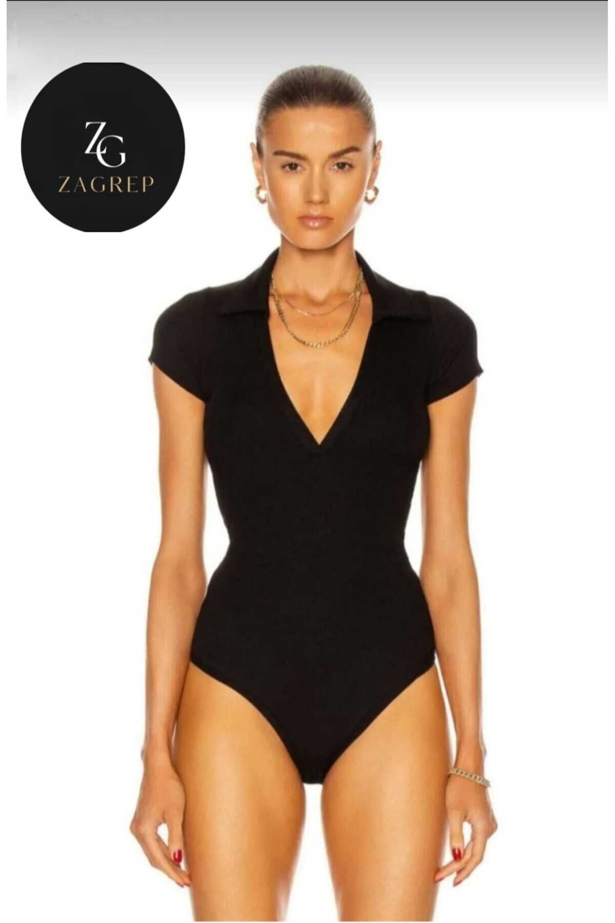 Short Sleeve Jersey Double Layer Placket Collar Bodysuit - Black - Zagrep