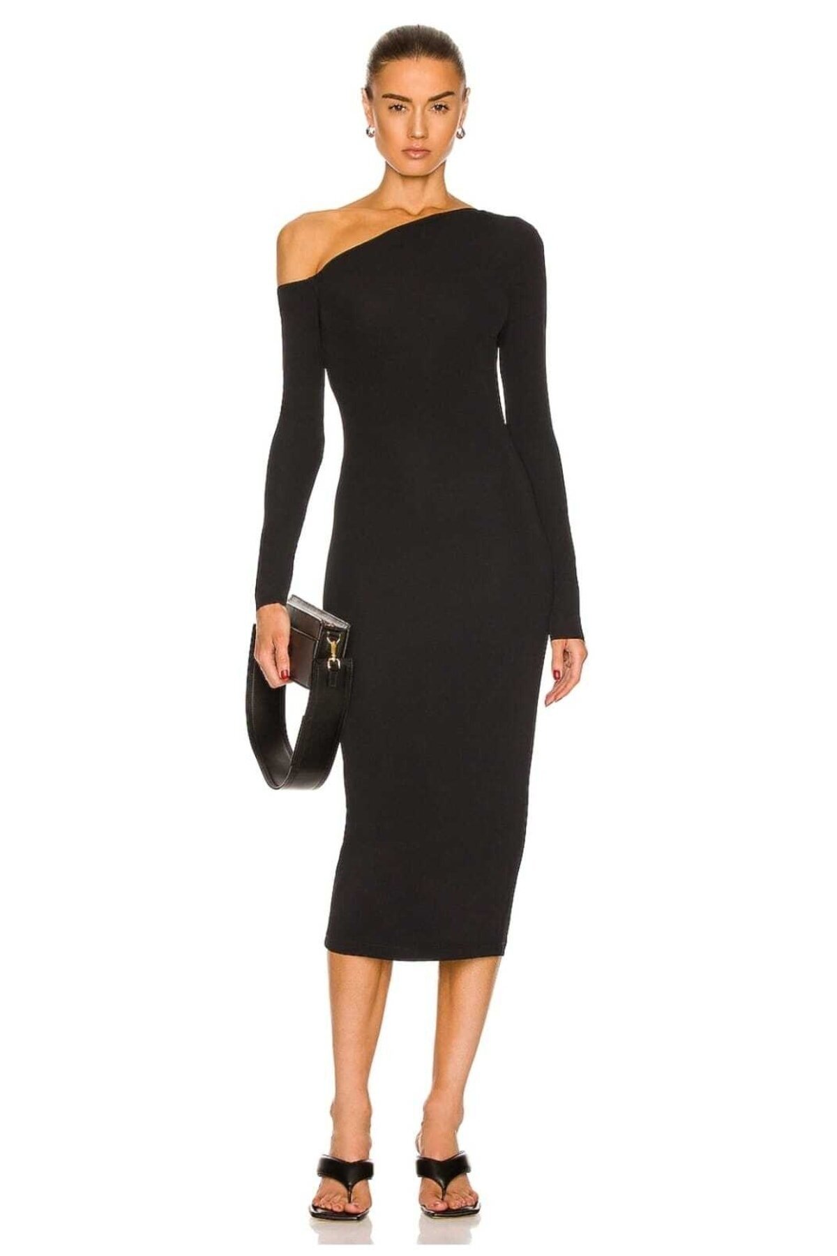 Midi Double-Layered Drop-Shoulder Asymmetric-Neck Dress - Black - Zagrep