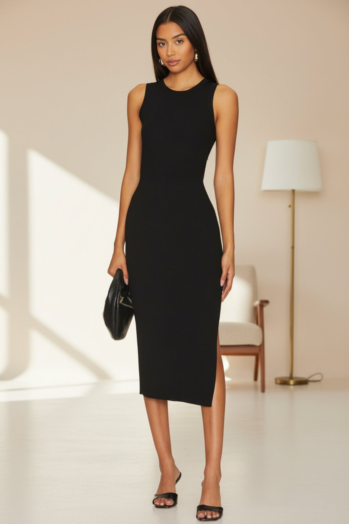 Midi Silk Jersey Side-Slit Lined Dress - Black - Zagrep