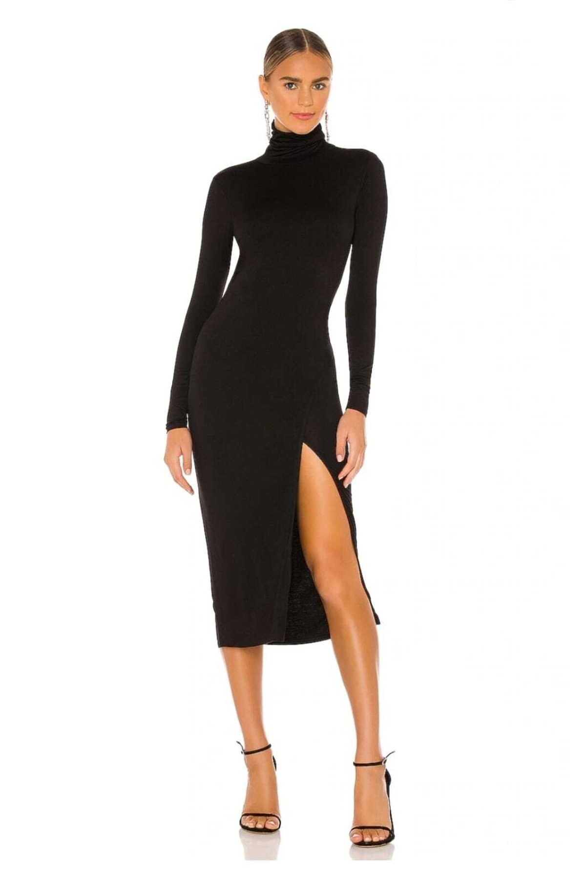 Siyah Midi Balıkçı Yaka Ön Yırtmaç Detaylı Sırt Dekolteli İpek Jarse Abiye Elbise - Zagrep