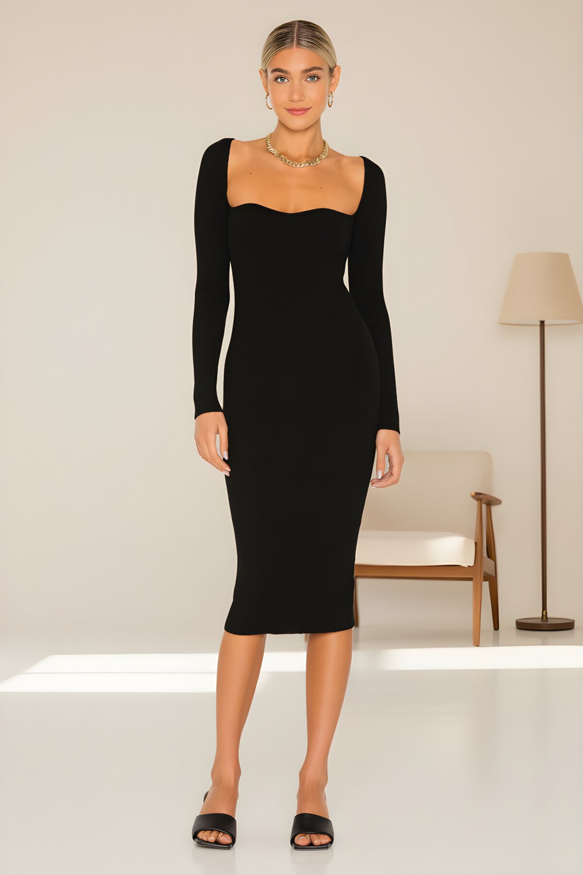 Midi Silk Jersey Square Neck Dress - Black - Zagrep