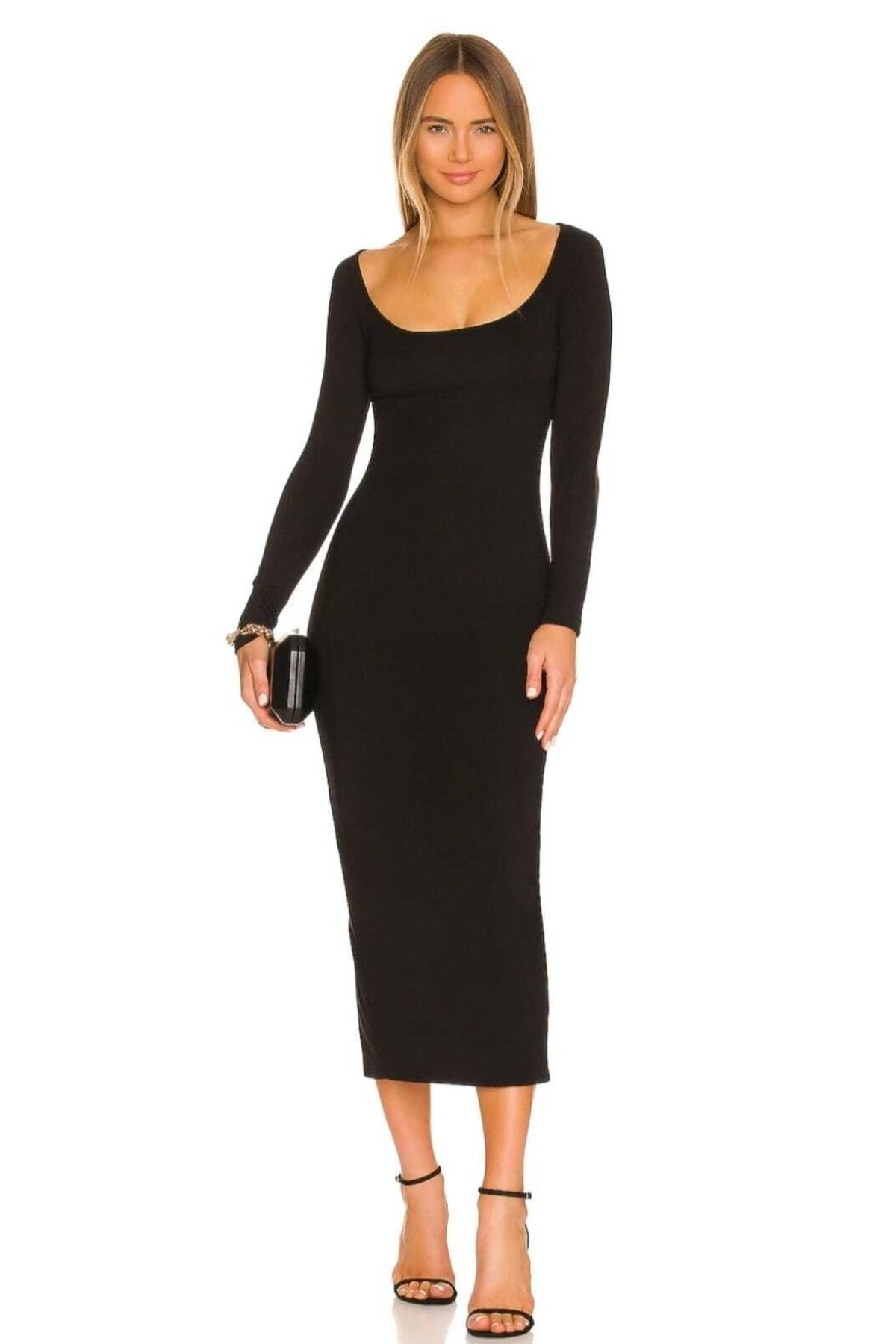 Midi Silk Jersey Oval Neck Lined Back-Slit Dress - Black - Zagrep
