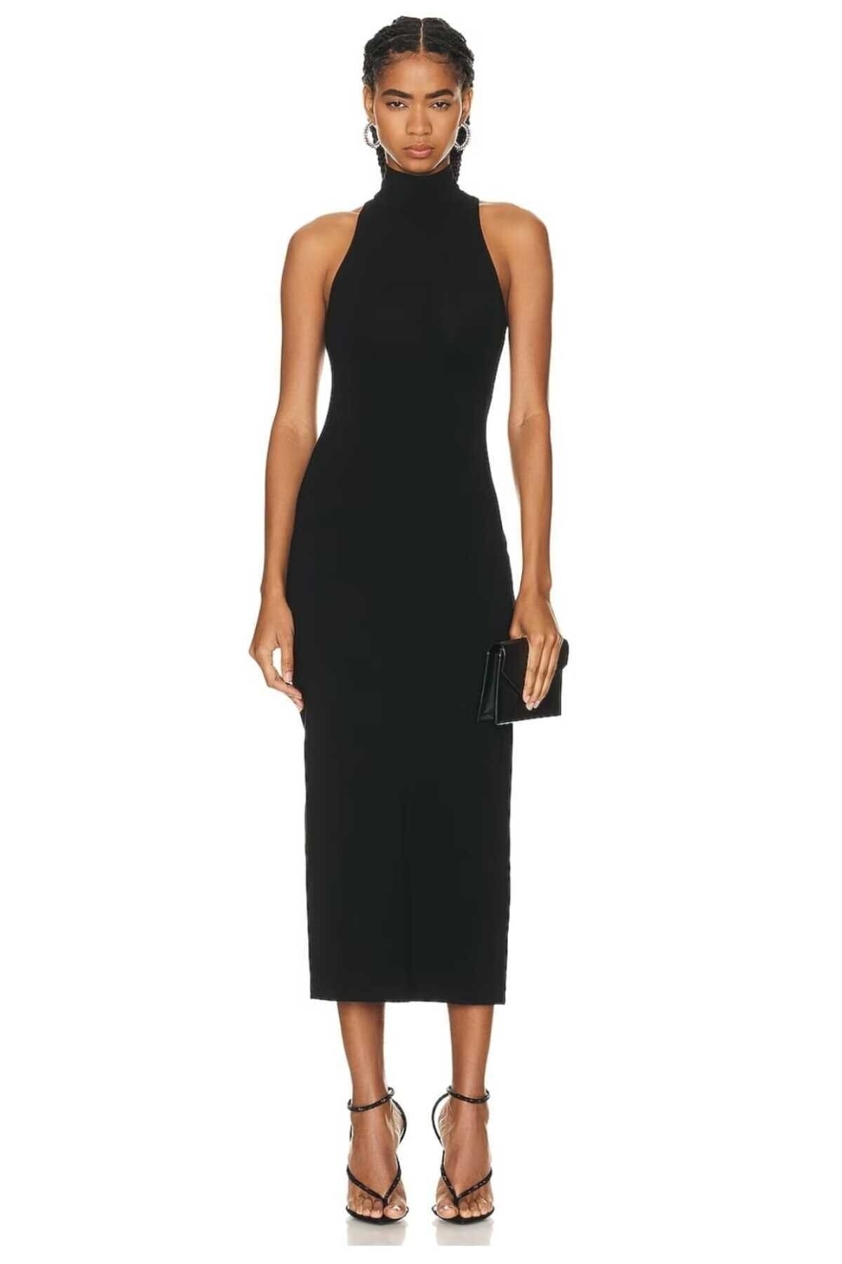 Midi Silk Jersey Mock Neck Evening Dress - Black - Zagrep