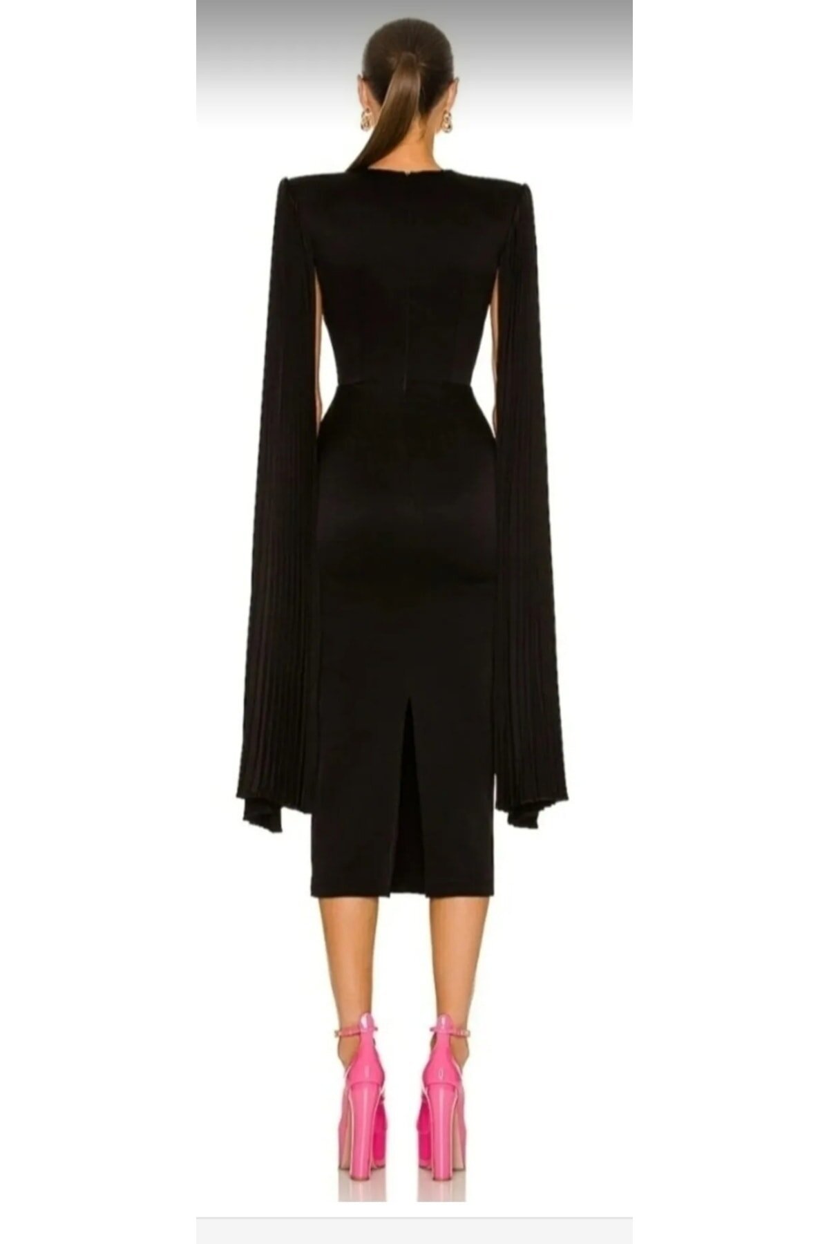 Midi Padded-Shoulder Sleeve-Slit Detail Dress - Black - Zagrep