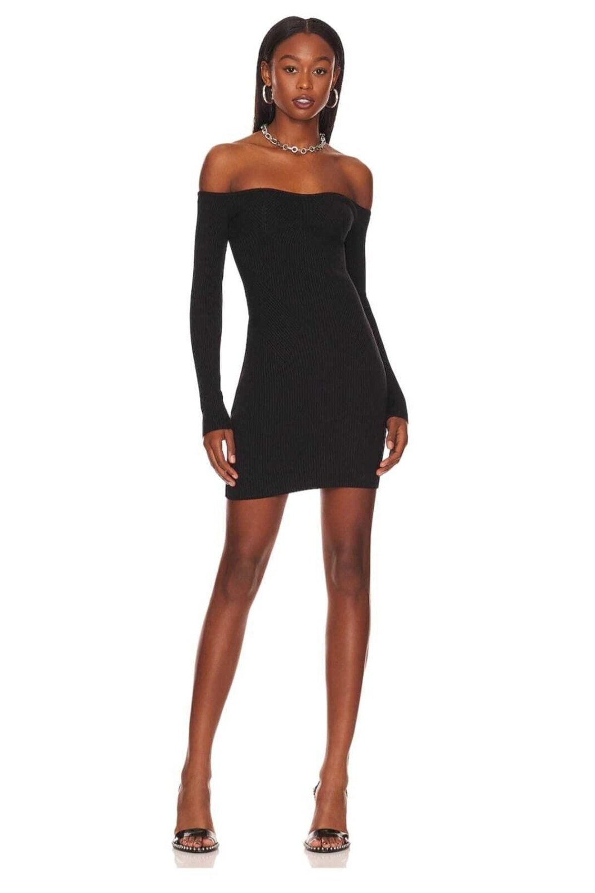 Siyah Mini Uzun Kol İpek Jarse Straplez Abiye Elbise - Zagrep