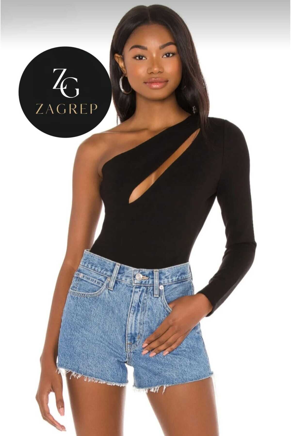 One-Sleeve Shoulder Cutout Front Slit Bodysuit - Black - Zagrep