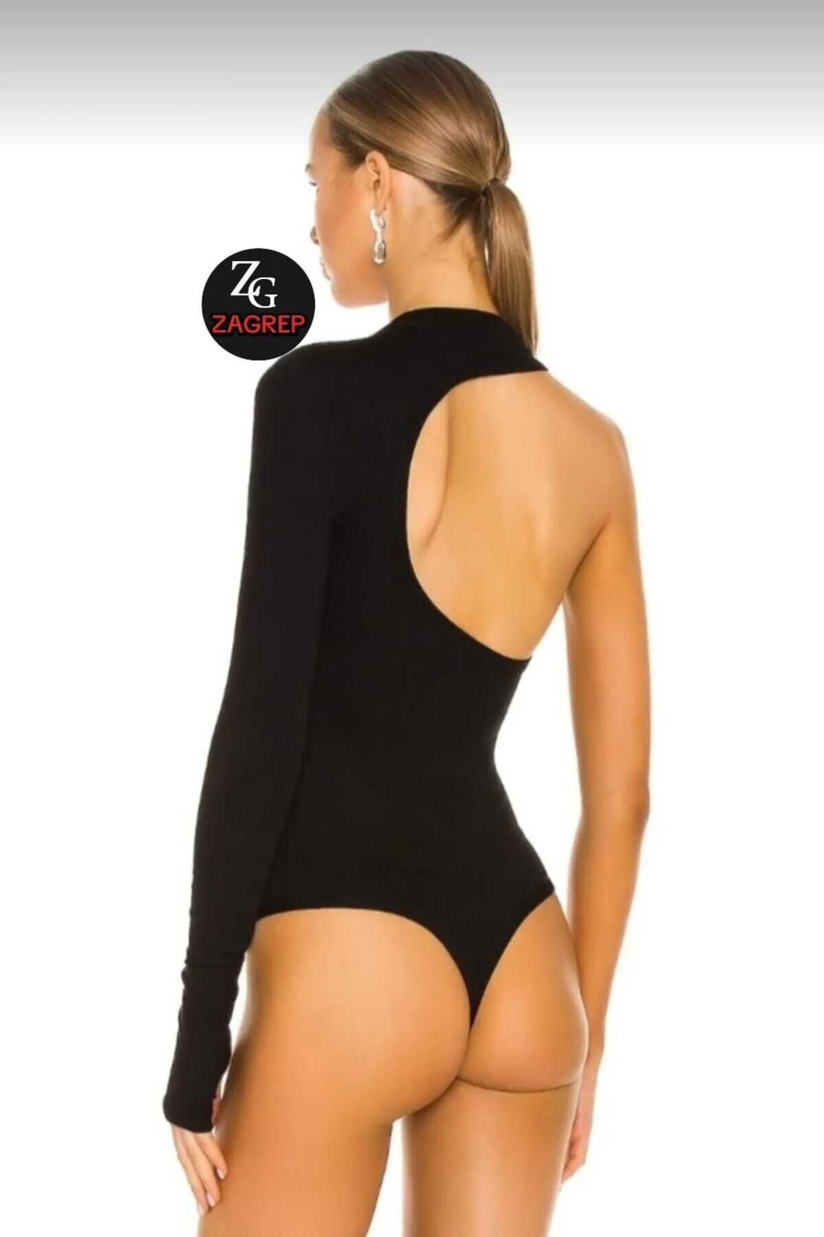 Single Sleeve Back Cut-out Thumb Hole Bodysuit - Black - Zagrep