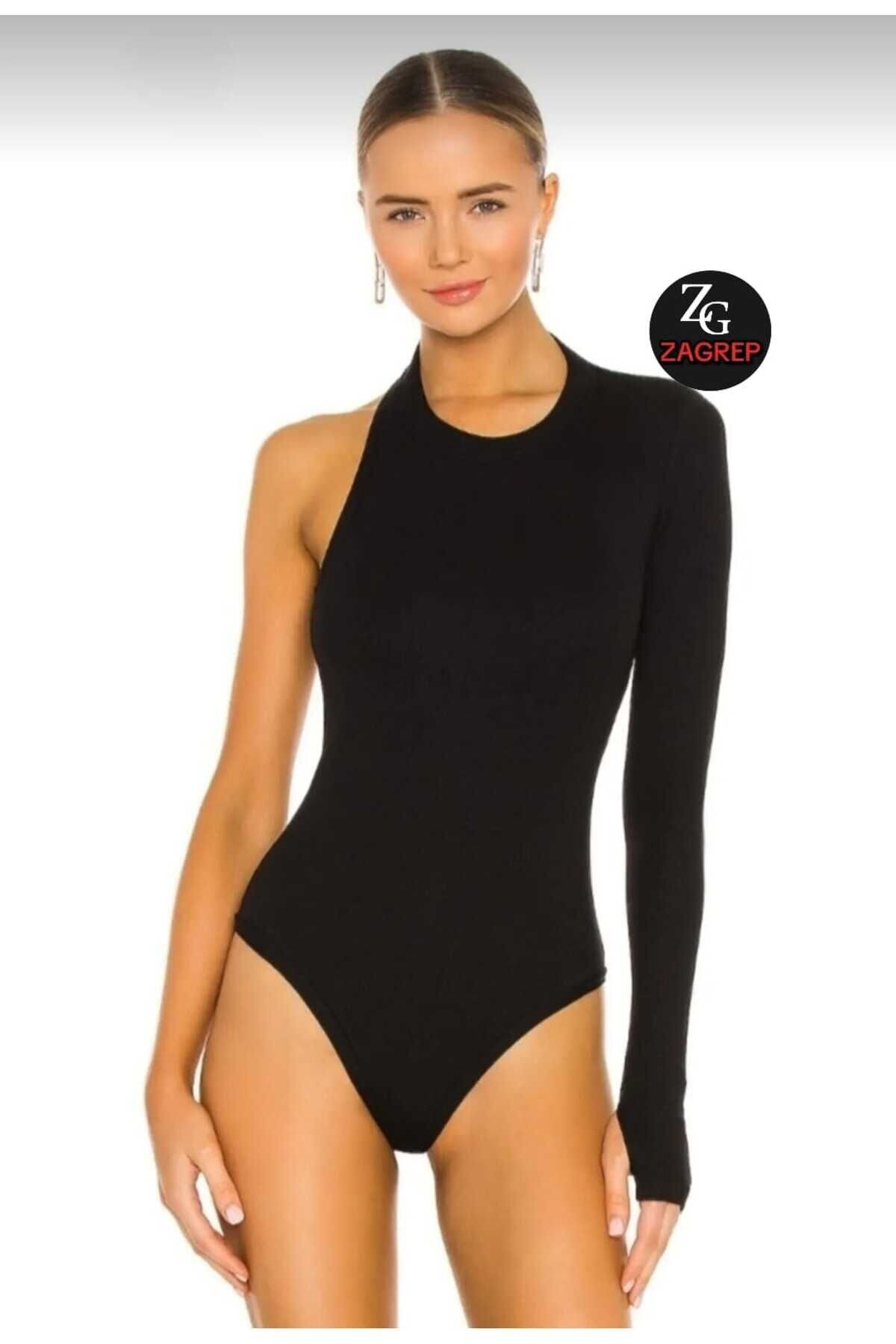 Single Sleeve Back Cut-out Thumb Hole Bodysuit - Black - Zagrep