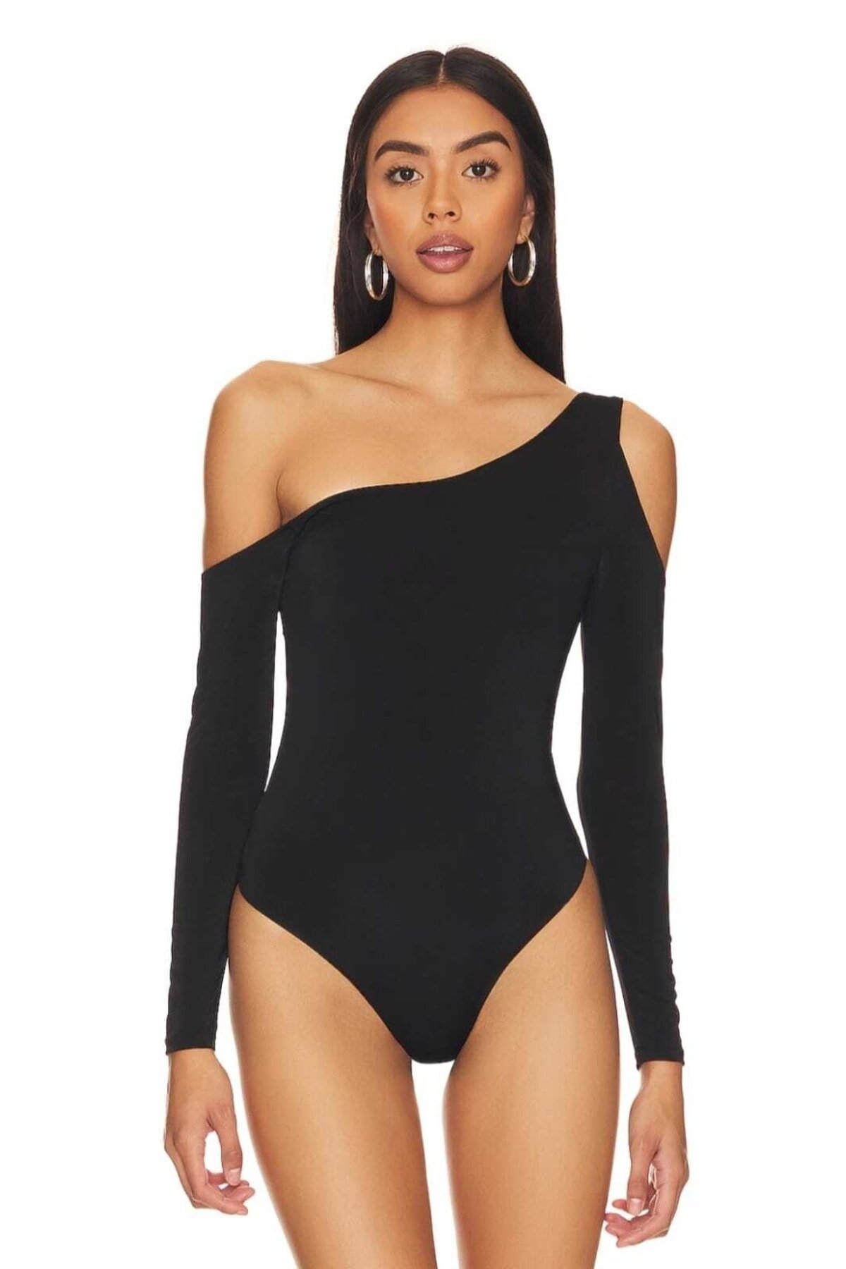 One-Shoulder Drop-Sleeve Bodysuit - Black - Zagrep