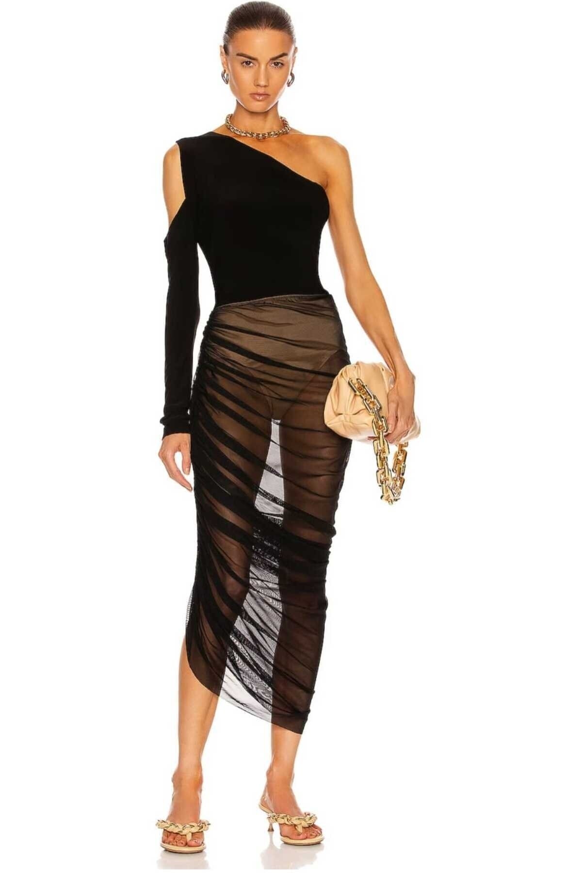 One-Shoulder Sleeve-Detail Blouse - Black - Zagrep