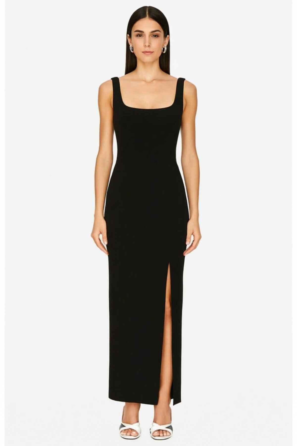 Long Spaghetti-Strap Front-Slit Dress - Black - Zagrep