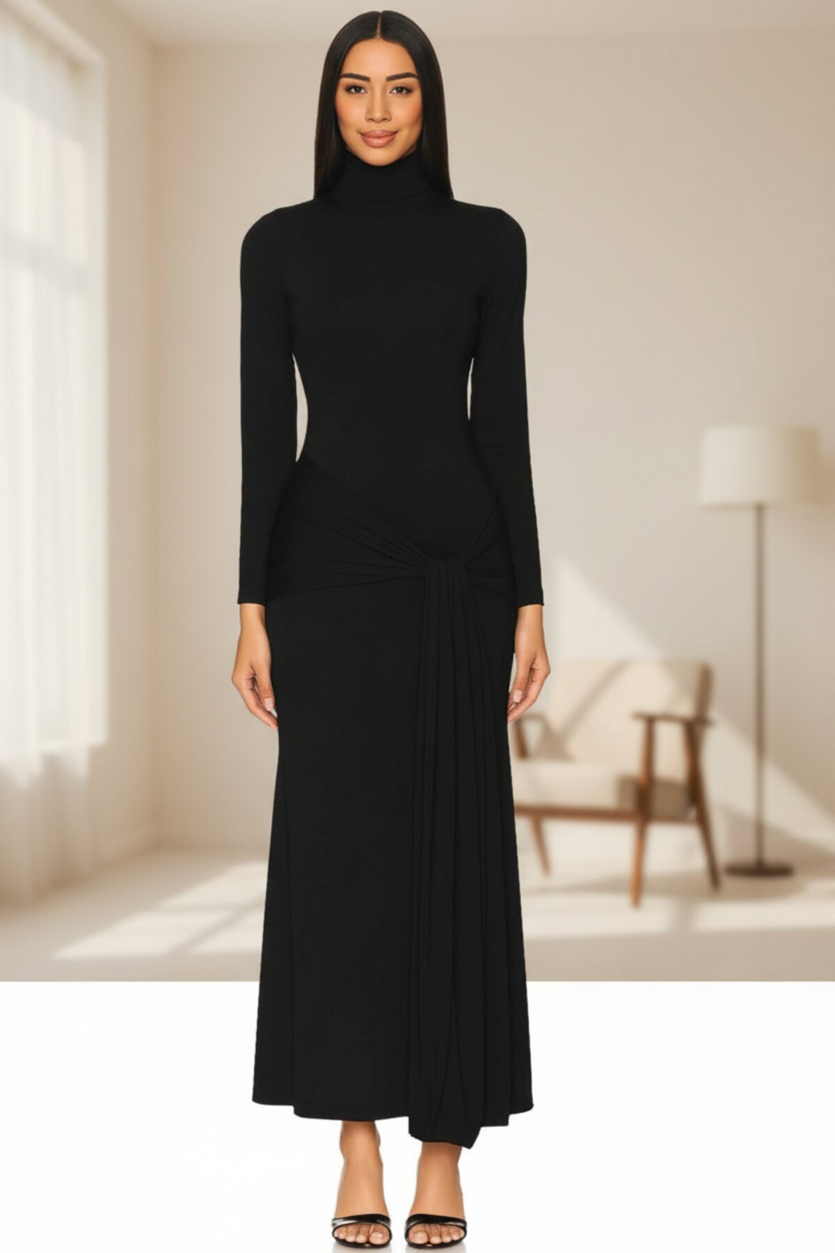 Long Silk Jersey Self-Belted Zip-Up Dress - Black - Zagrep