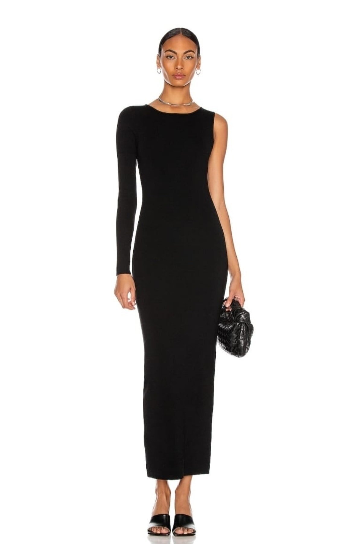 Siyah Uzun İpek Jarse Kol Detaylı Elbise - Zagrep