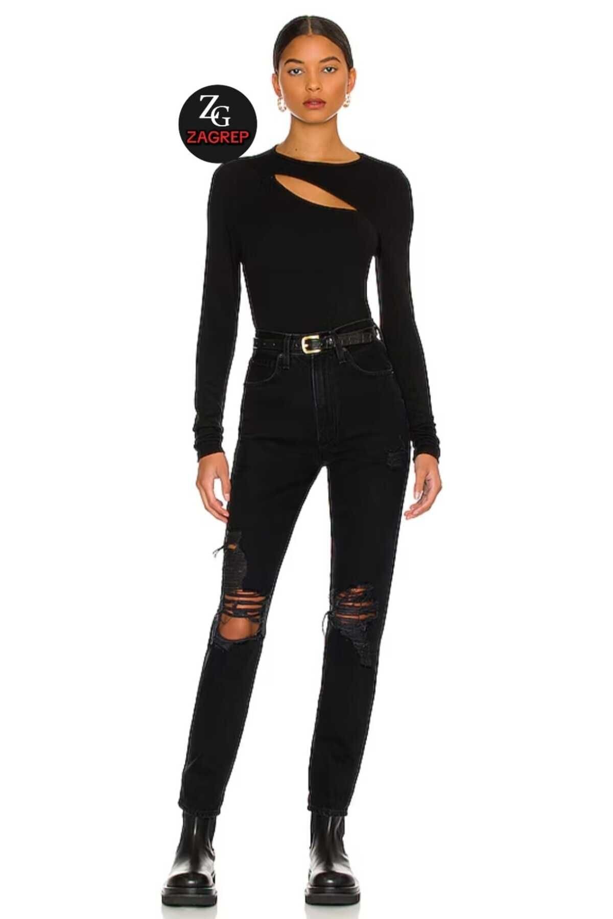 Long Sleeve Opaque Silk Jersey Front Cutout Blouse - Black - Zagrep