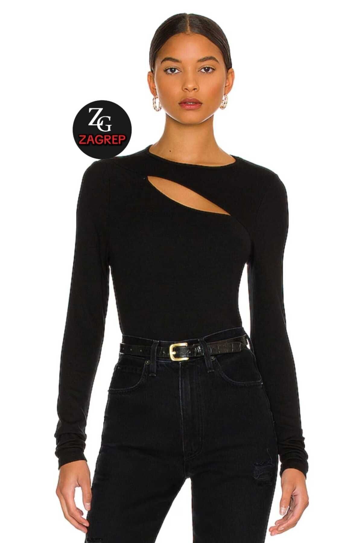 Siyah Uzun Kol İç Göstermez İpek Jarse Önü Pencereli Bluz - Zagrep