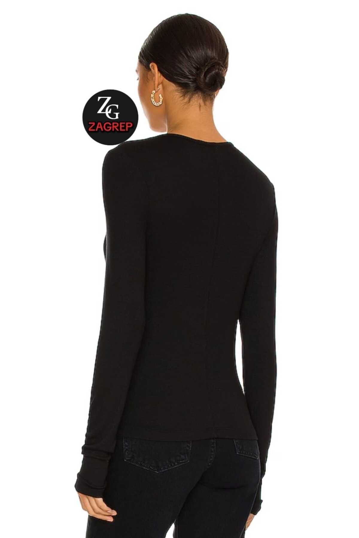 Long Sleeve Opaque Silk Jersey Front Cutout Blouse - Black - Zagrep