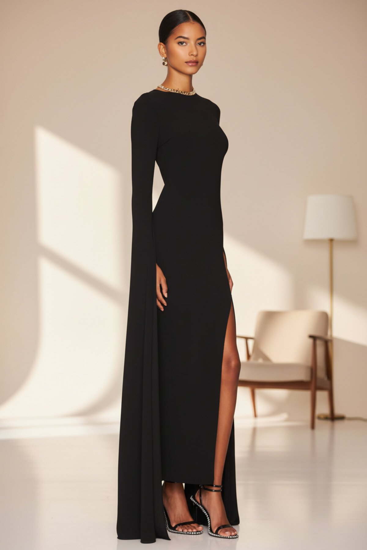 Long Sleeve Silk Jersey Slitted Low-Back Evening Dress - Black - Zagrep