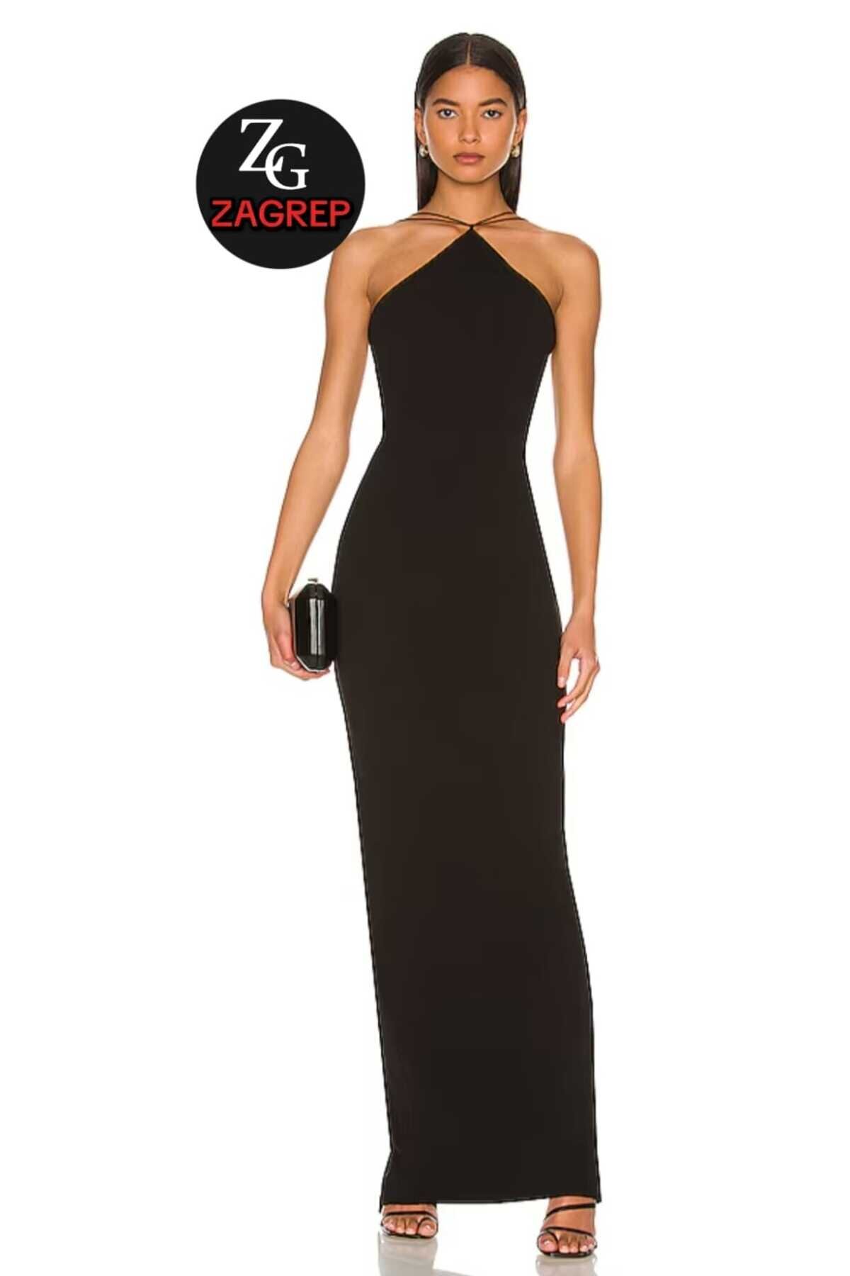 Siyah Uzun Sırt Dekolteli Lastikli Yırtmaçlı İpek Jarse Abiye Elbise - Zagrep