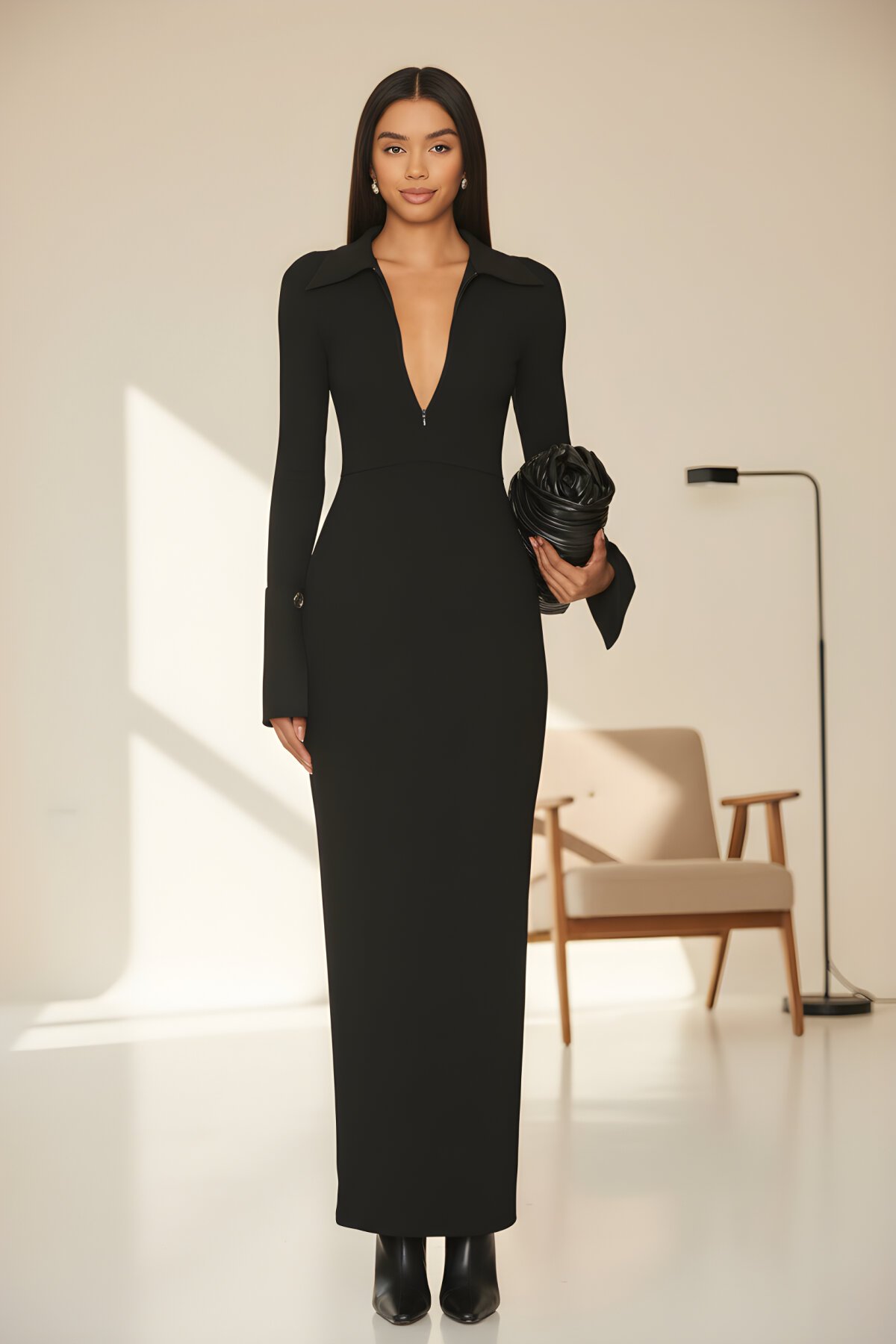Long Collared Silk Jersey Slitted-Cuff Evening Dress - Black - Zagrep