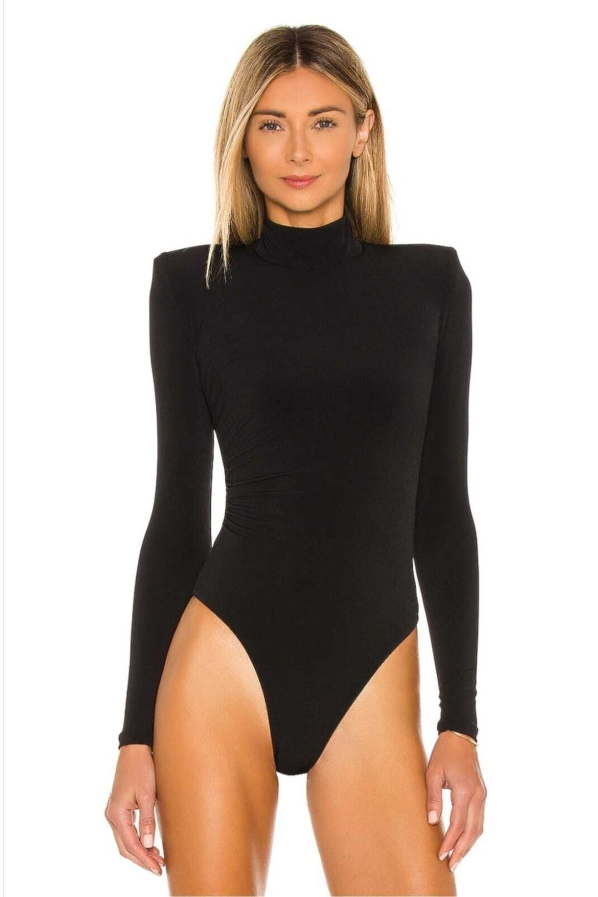 Padded Shoulder Ruched Side Bodysuit - Black - Zagrep