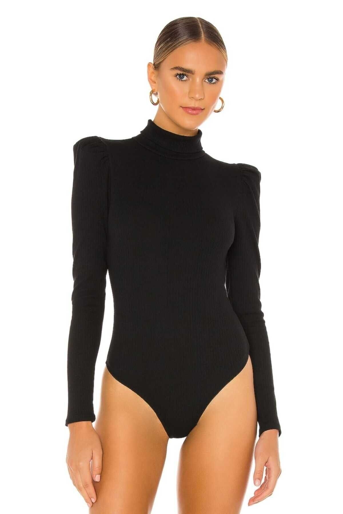 بودي سوت أسود جيرسيه حريري بياقة نصف عالية وأكمام مكشكشة - Zagrep