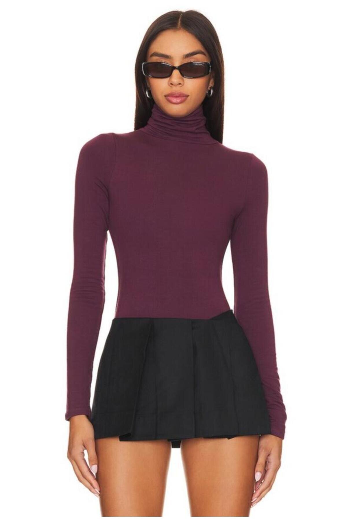 Turtleneck Double-Layer Opaque Bodysuit - Burgundy - Zagrep