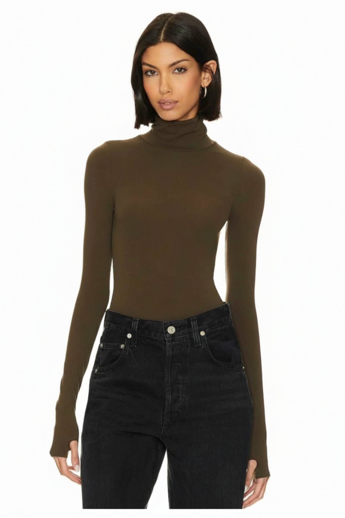 Turtleneck Jersey Opaque Bodysuit - Khaki - Zagrep