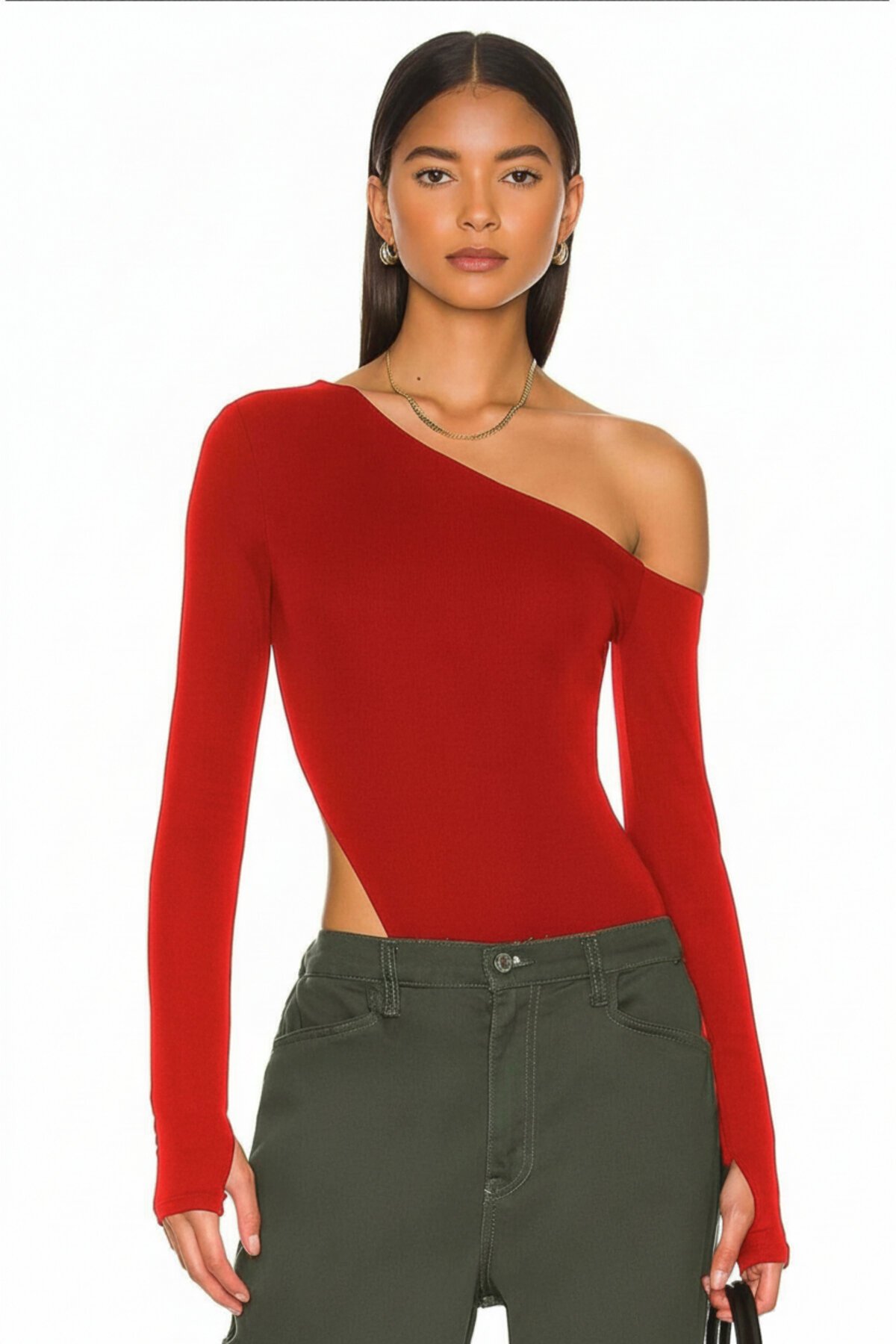Opaque Silk Jersey Thumbhole Neck-Detail Bodysuit - Red - Zagrep