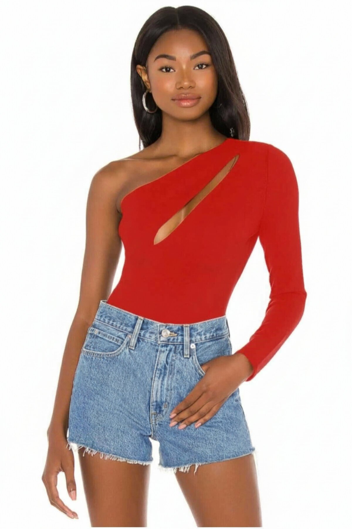 One-Sleeve Silk Jersey Cut-out Bodysuit - Red - Zagrep