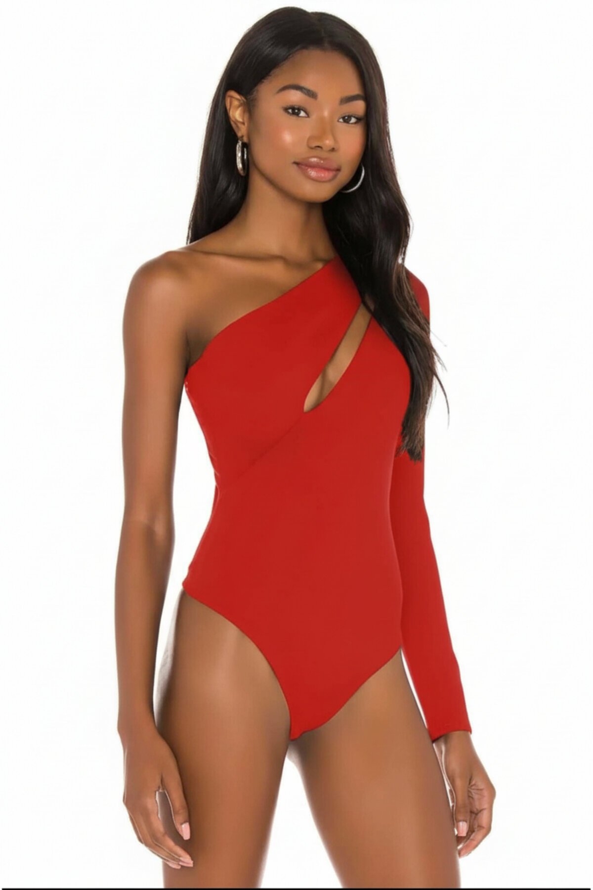 One-Sleeve Silk Jersey Cut-out Bodysuit - Red - Zagrep