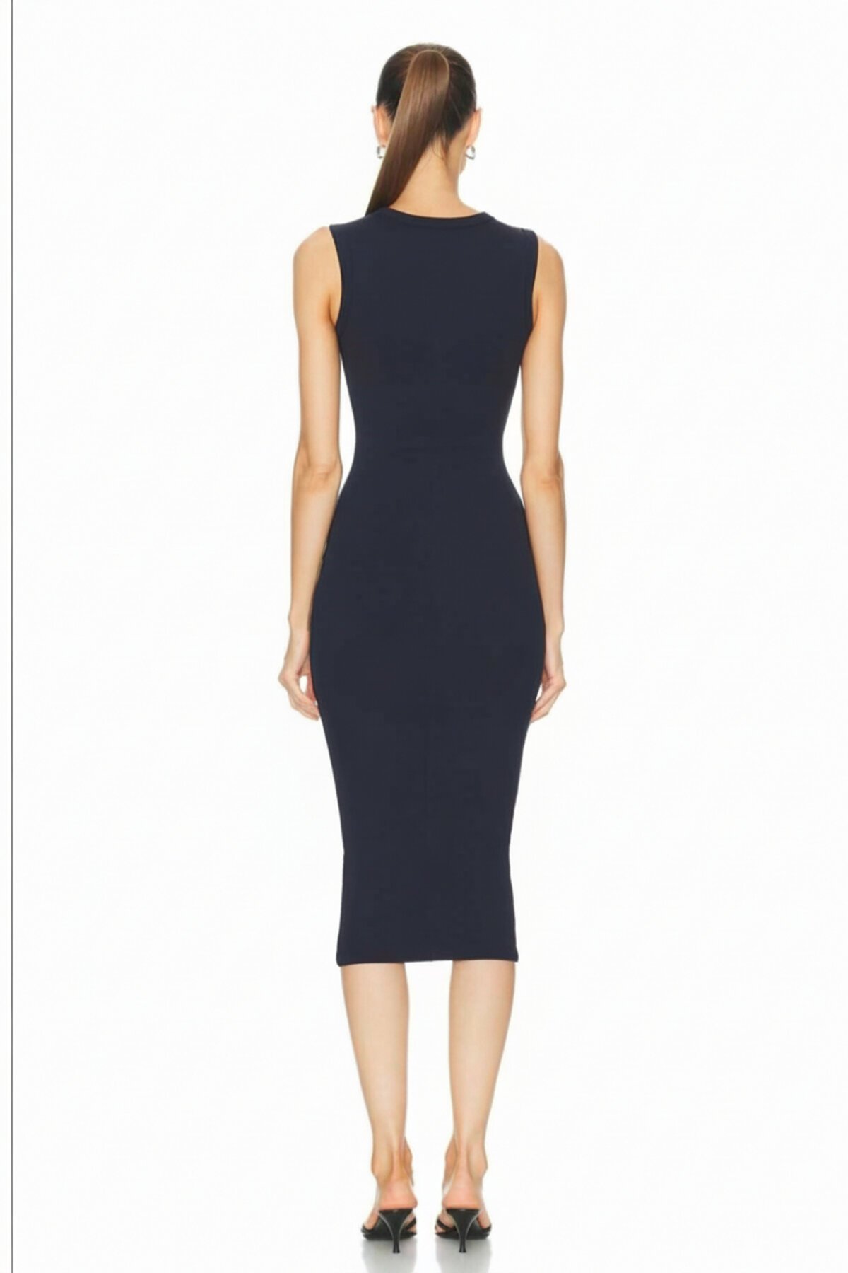 Midi Silk Jersey Lined Crew Neck Dress - Navy Blue - Zagrep