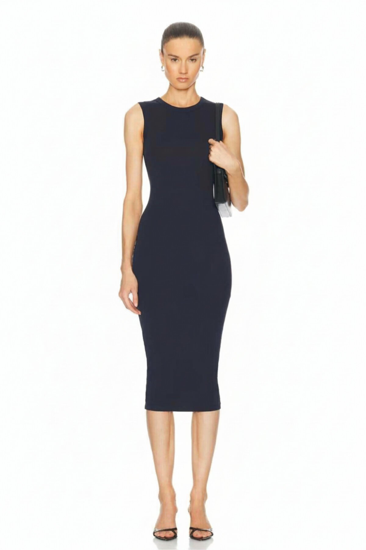 Midi Silk Jersey Lined Crew Neck Dress - Navy Blue - Zagrep