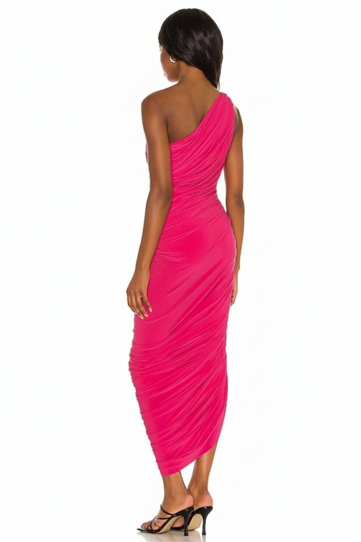 Long One-Shoulder Draped Ruched Evening Dress - Pink - Zagrep