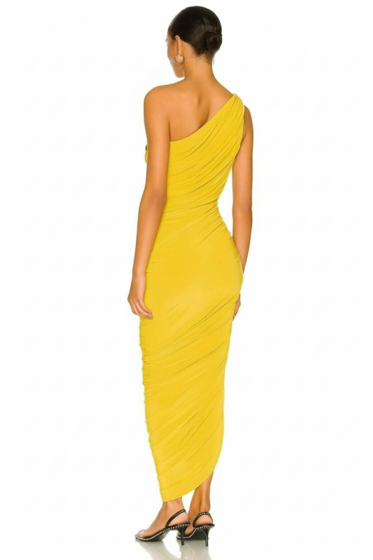 Midi Draped Ruched One-Shoulder Evening Dress - Yellow - Zagrep