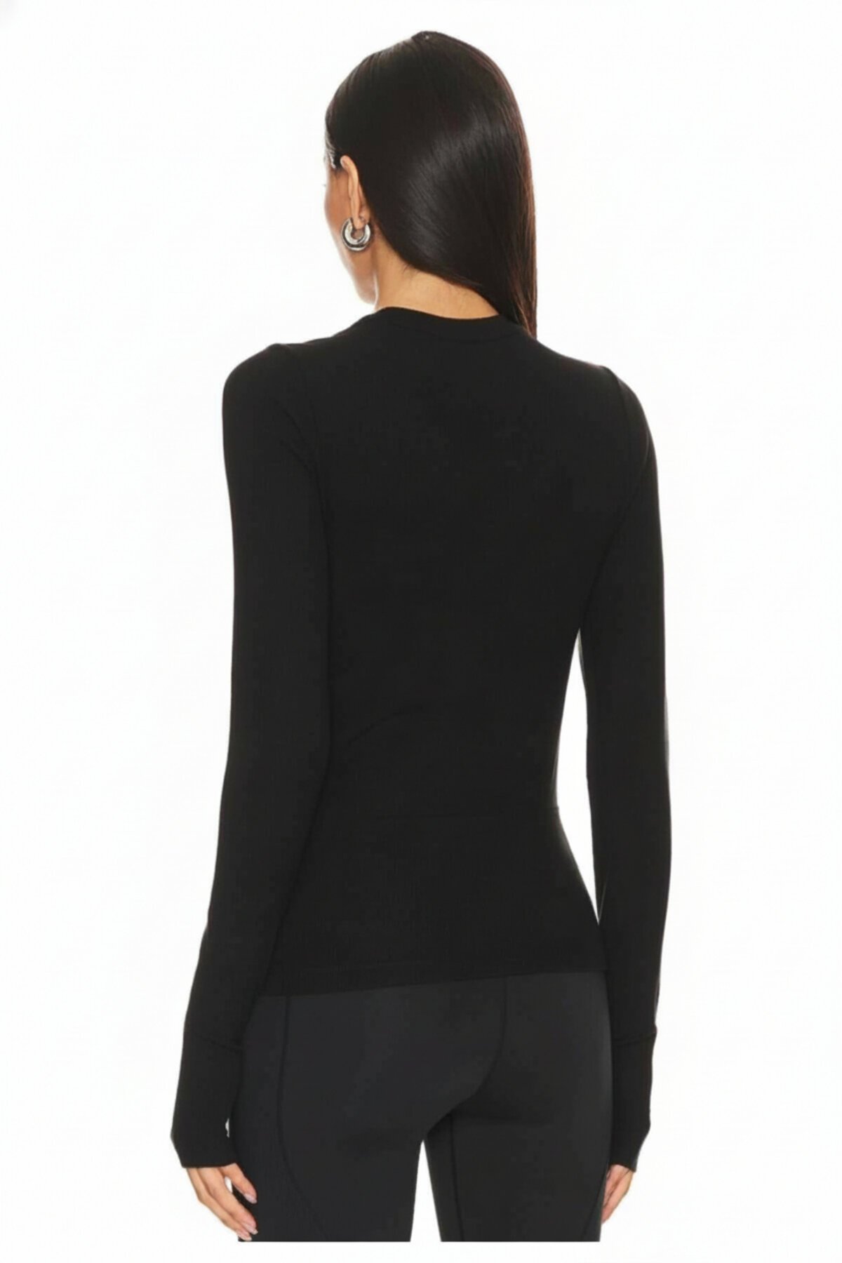 Crew Neck Double-Layered Thumb Hole Crop Top - Black - Zagrep