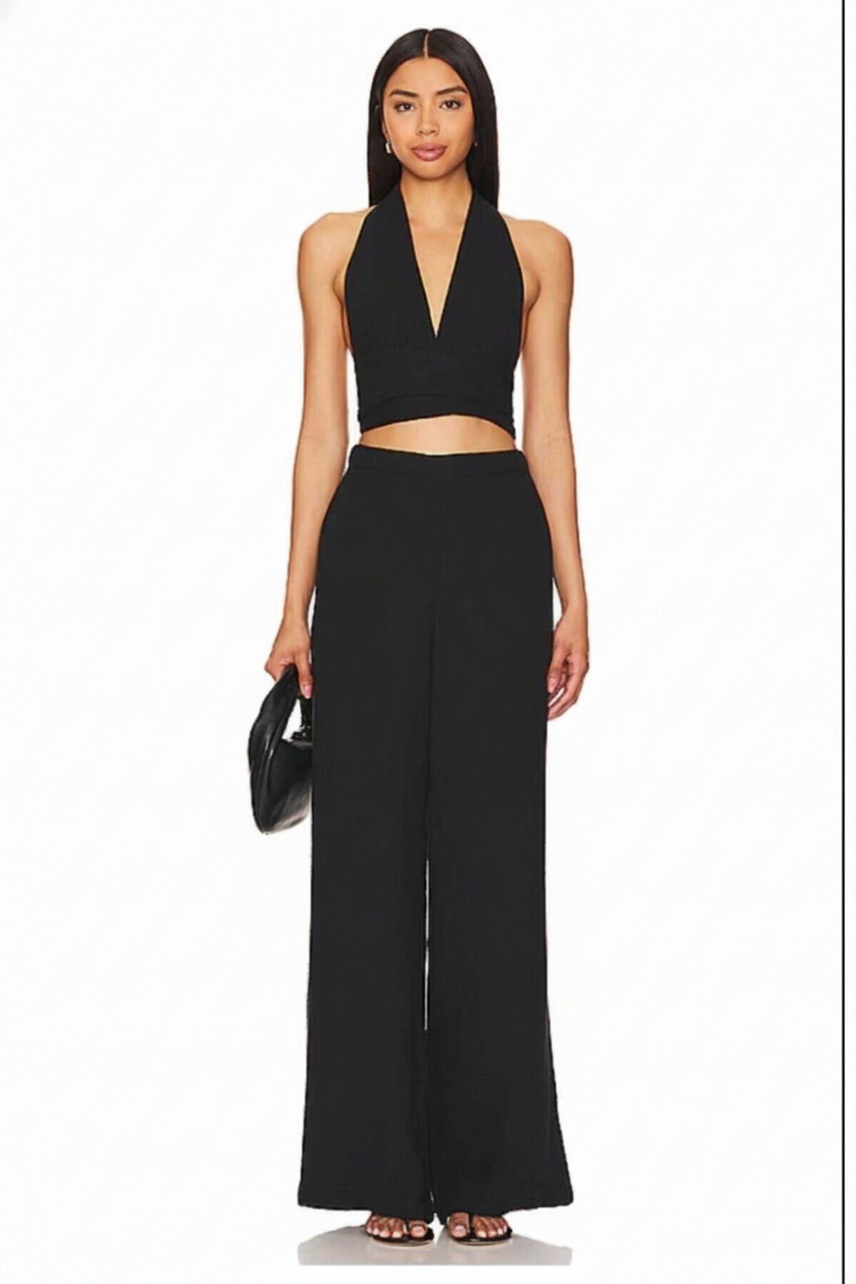 Special Design Crop Top with Neck and Waist Ties - Black - Zagrep