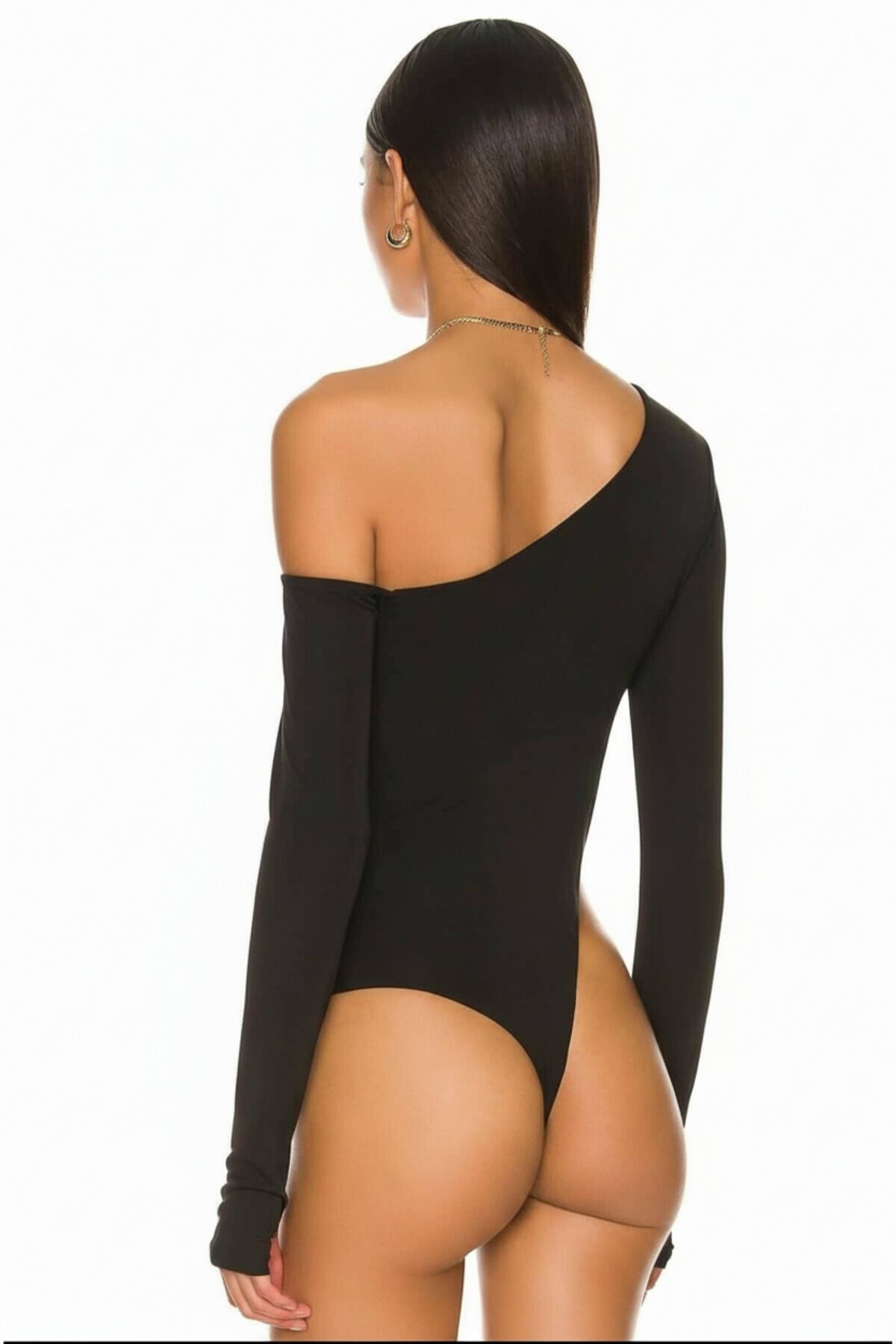 Silk Jersey Opaque Thumb-Hole Shoulder-Detail Bodysuit - Black - Zagrep