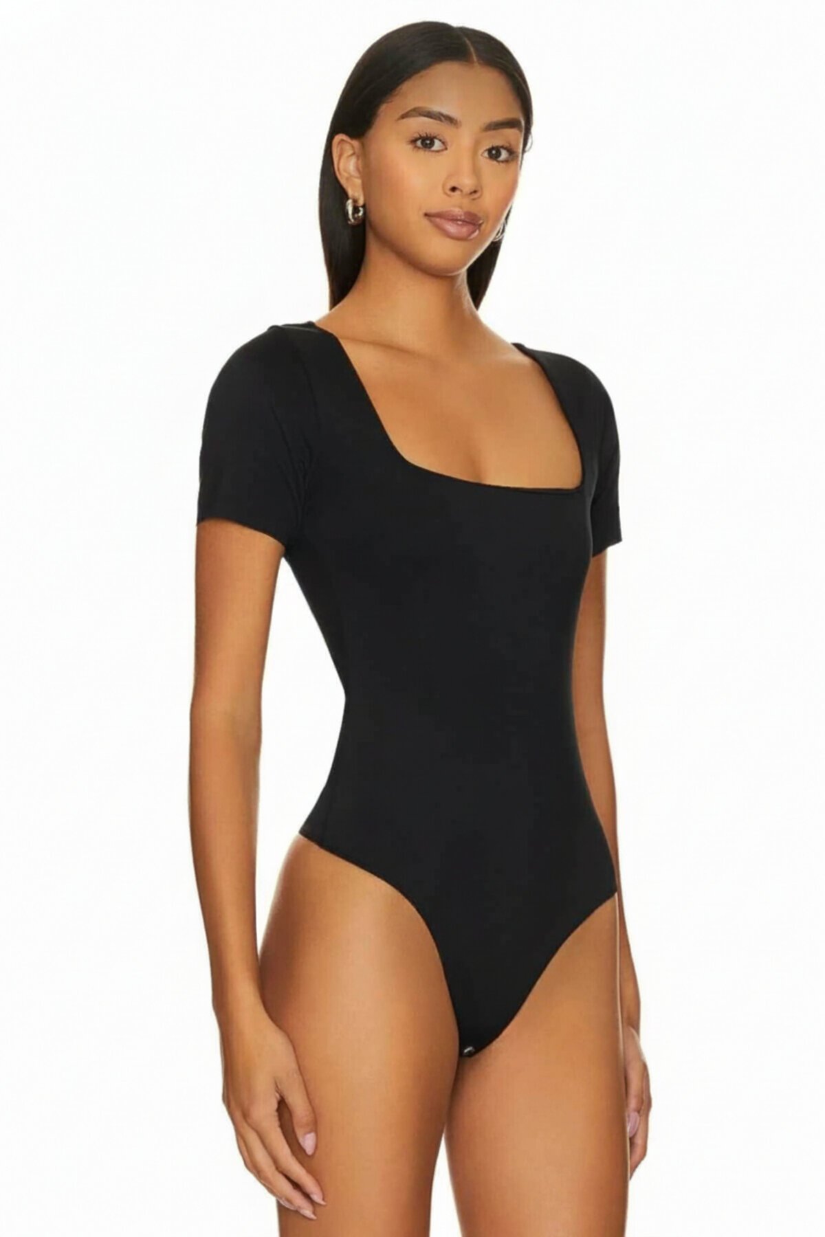Short Sleeve Silk Jersey Square Neck Bodysuit - Black - Zagrep